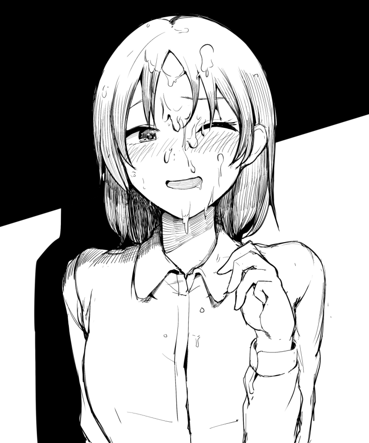 sadahiro (chicken nugget gyuuniku aji), original, commentary request, 1girl, blush, collared shirt, cum, cum on body, facial, greyscale, hand up, long sleeves, looking at viewer, monochrome, open mouth, shirt, short hair, smile, solo, upper body