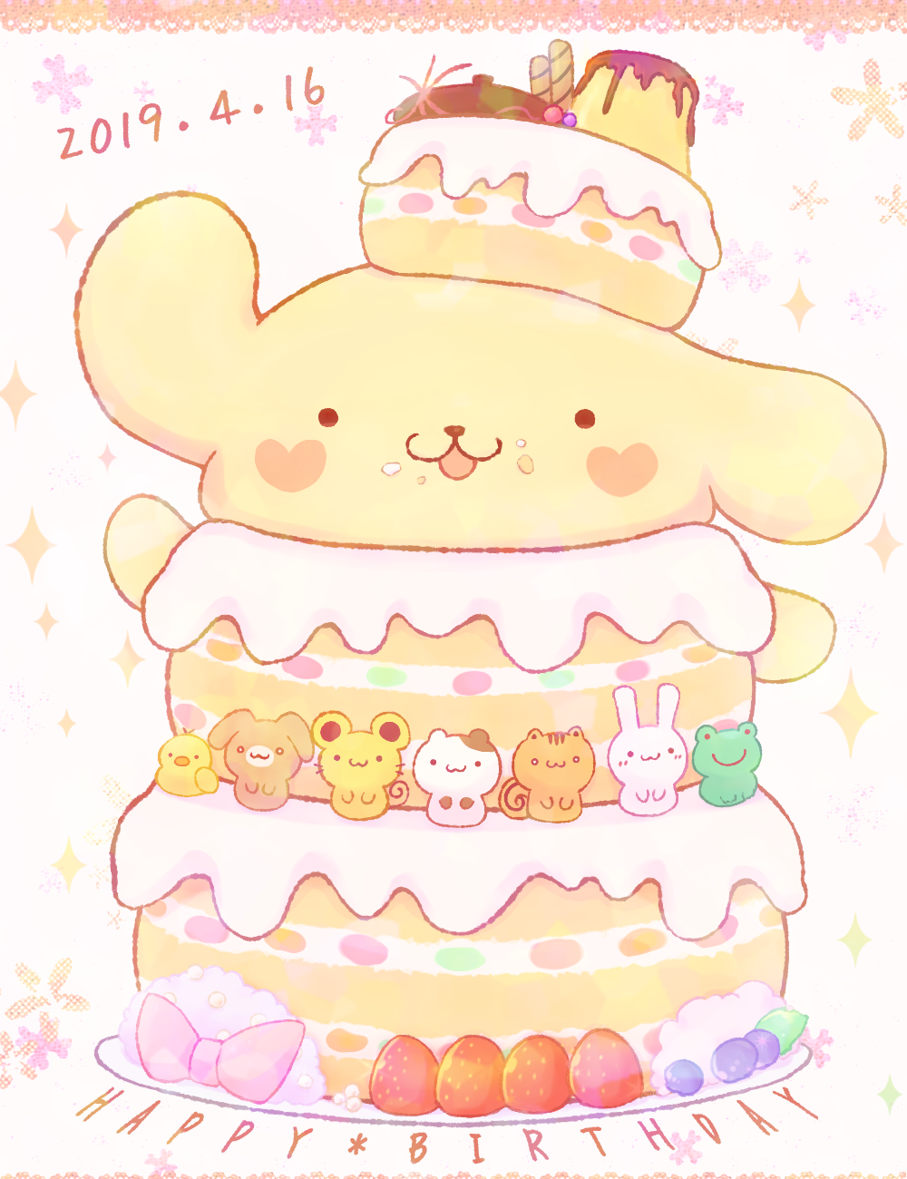 kekorin5, bagel (sanrio), mint (sanrio), pompompurin, scone (sanrio), sanrio, commentary request, highres, :3, birthday, birthday cake, bow, cake, custard (sanrio), dog, food, food focus, foodification, frog, fruit, hamster, happy birthday, mouse (animal), no humans, powder (sanrio), pudding, rabbit, squirrel, strawberry, tart (sanrio)