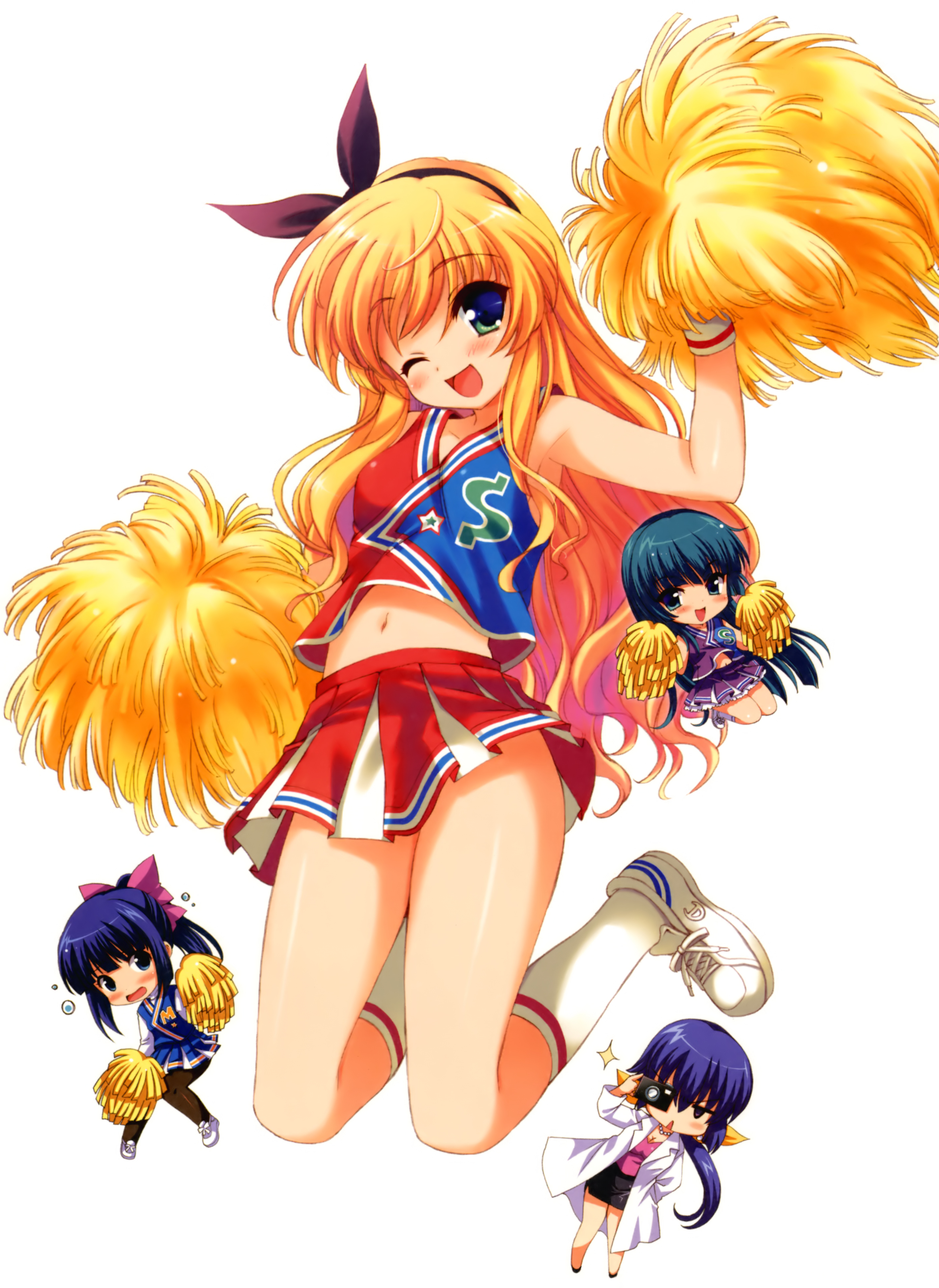 qp:flapper, hayama tatsukichi, isurugi mio, onigawara michiru, sado tarou, mm!, absurdres, highres, 1boy, 3girls, ;d, aqua eyes, aqua hair, blonde hair, camera, cheerleader, chibi, crossdressing, emu emu!, hair ribbon, kneehighs, long hair, midriff, multiple girls, navel, one eye closed, open mouth, pantyhose, pom pom (cheerleading), purple hair, ribbon, shoes, smile, sneakers, socks, trap, wig, wink