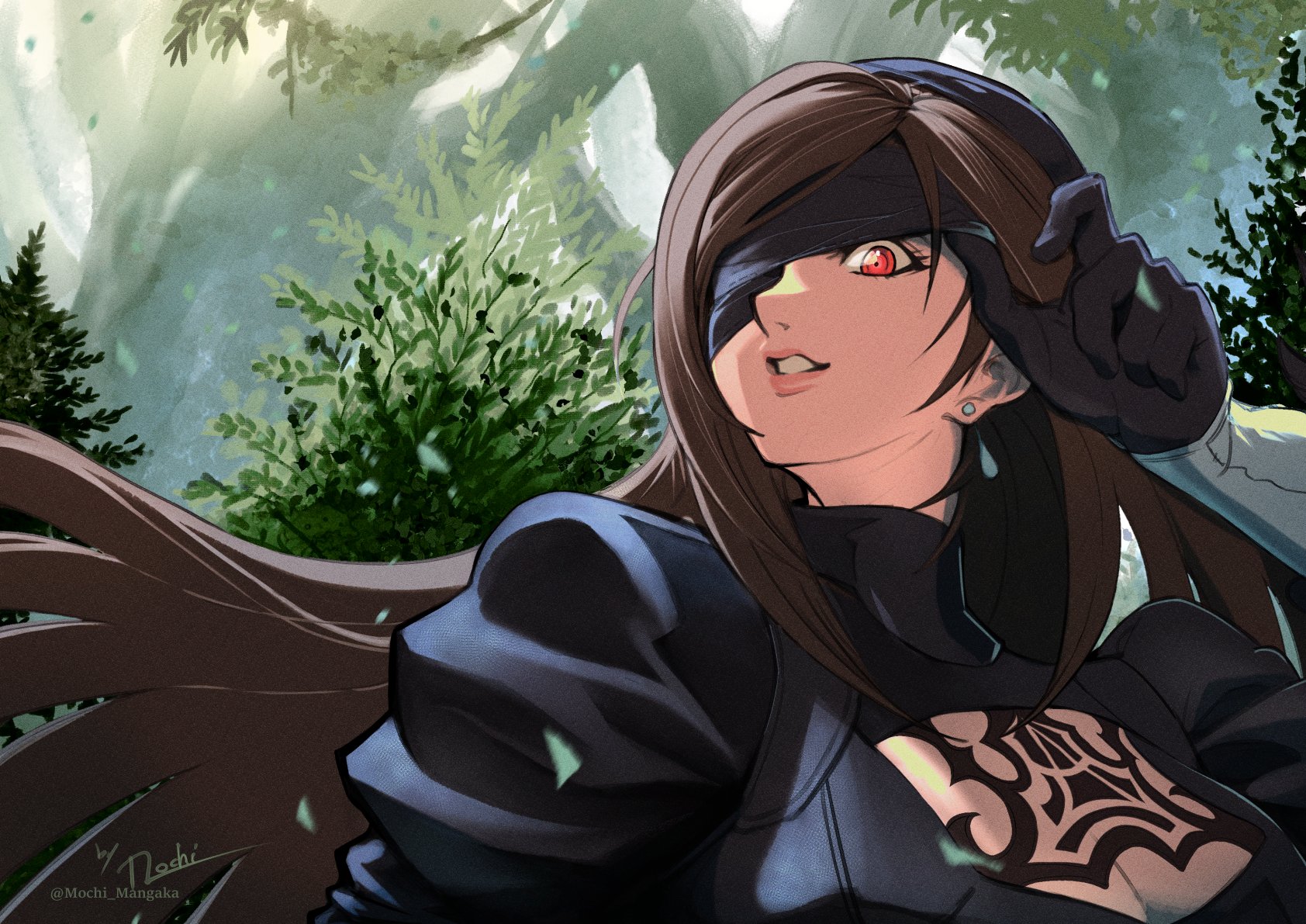 mochi mangaka, 2b (nier:automata), tifa lockhart, tifa lockhart (battler ensemble), final fantasy, final fantasy vii, final fantasy vii: ever crisis, nier:automata, nier (series), highres, 1girl, 2b (nier:automata) (cosplay), black dress, black gloves, black visor, blindfold, blindfold lift, breasts, brown hair, cleavage, cleavage cutout, clothing cutout, cosplay, dress, earrings, gloves, jewelry, juliet sleeves, large breasts, long hair, long sleeves, official alternate costume, outdoors, parted lips, puffy sleeves, red eyes, solo, swept bangs, turtleneck, turtleneck dress, upper body