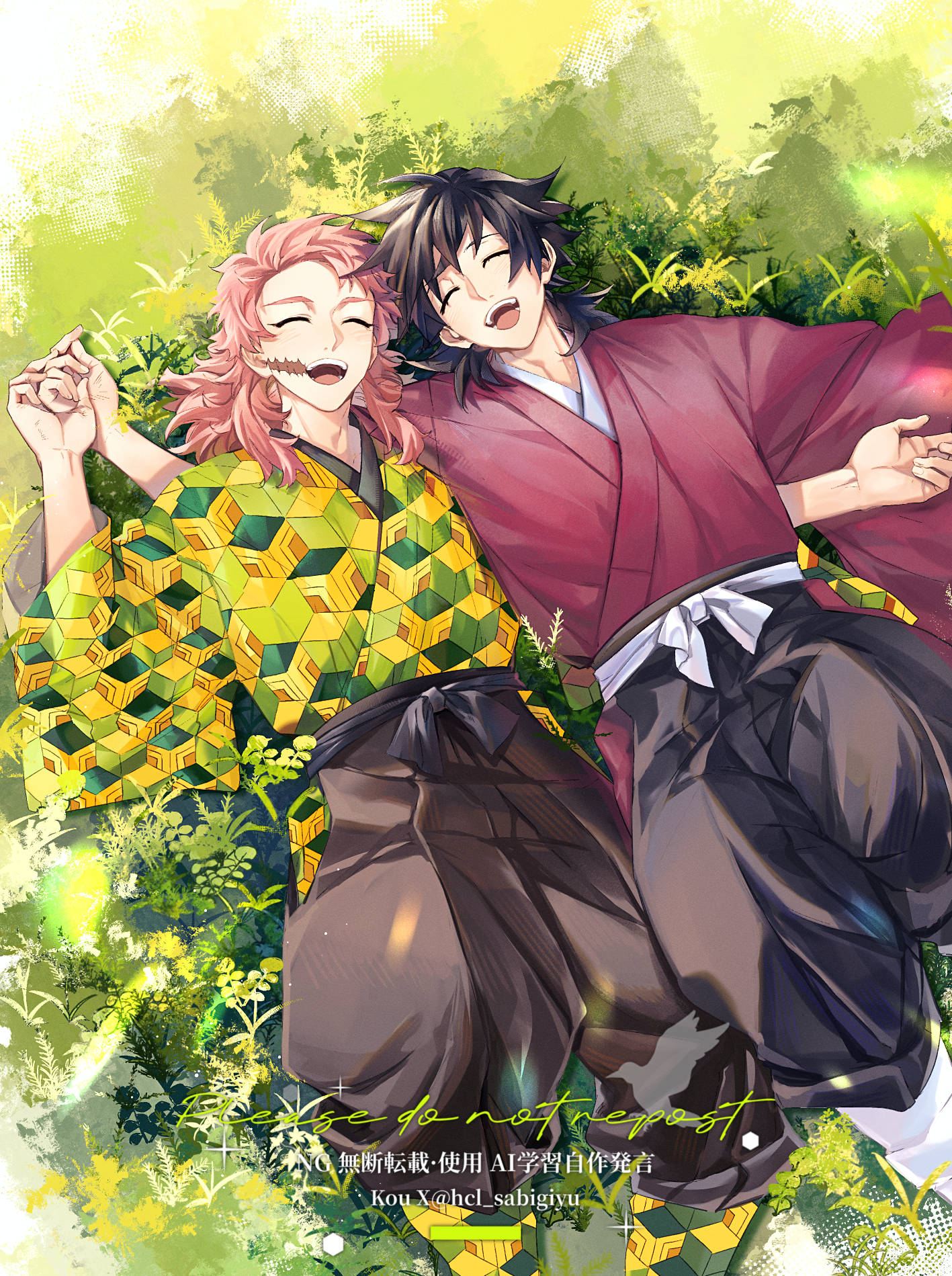 hcl sabigiyu, sabito (kimetsu), tomioka giyuu, kimetsu no yaiba, highres, 2boys, black hakama, facial scar, hakama, holding hands, japanese clothes, kikkoumon, kimono, long hair, low ponytail, lying, male focus, multiple boys, on back, on grass, open mouth, orange hair, ponytail, print kimono, red kimono, scar, scar on cheek, scar on face, smile, spiked hair, teeth, tongue, upper teeth only