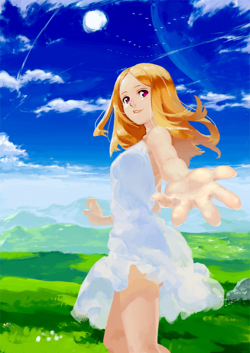 enkyo yuuichirou, original, 1girl, bird, blonde hair, cloud, day, dress, female focus, foreshortening, grass, long hair, looking at viewer, nature, outdoors, planet, red eyes, red hair, scenery, sky, solo