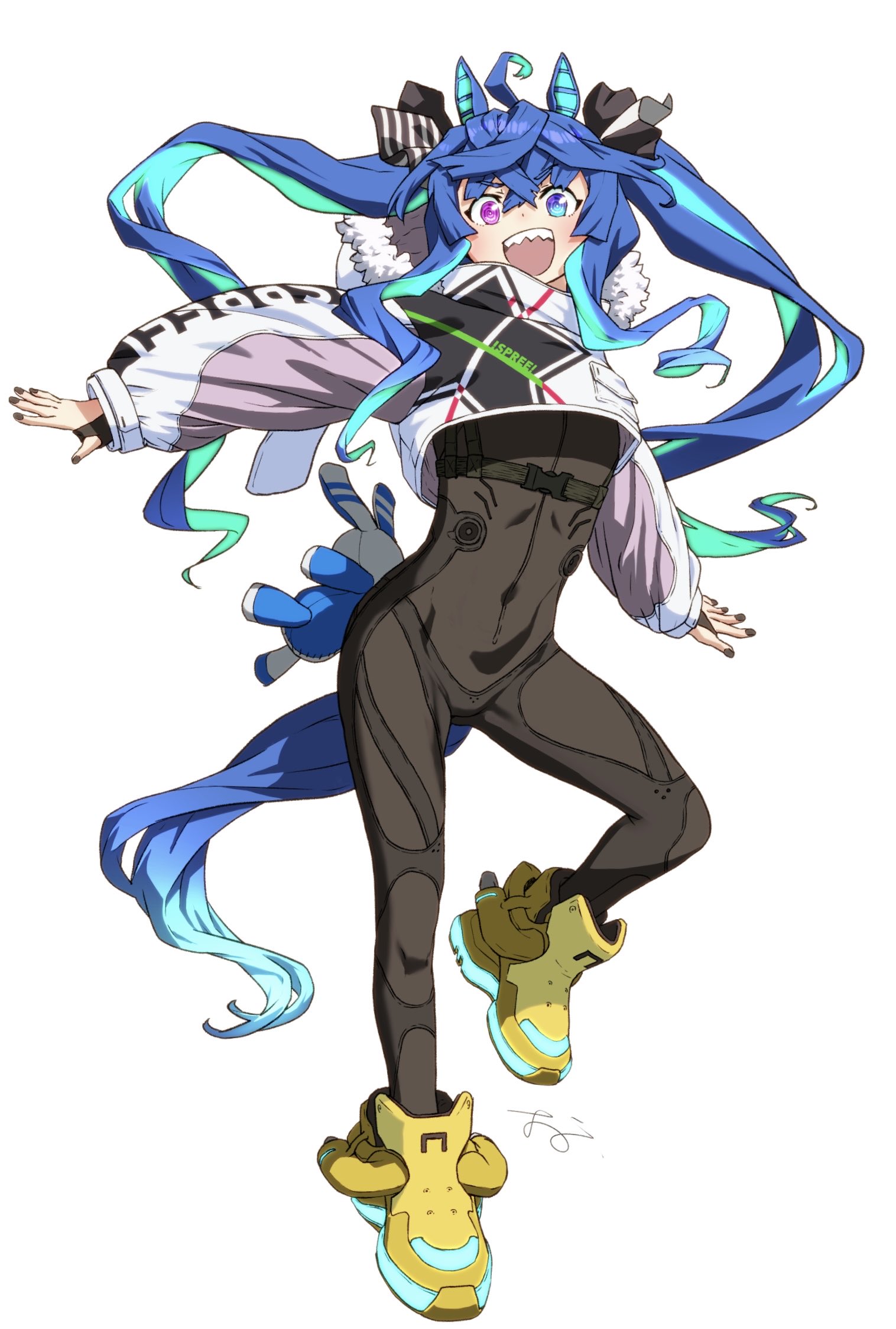 oono tsutomu, twin turbo (umamusume), umamusume, highres, 1girl, @ @, adapted costume, ahoge, animal ears, aqua hair, black nails, blue eyes, blue hair, bodysuit, bodysuit under clothes, boots, bow, brown bodysuit, chest strap, cropped hoodie, crossed bangs, full body, hair between eyes, hair bow, heterochromia, hood, hoodie, horse ears, horse girl, horse tail, long hair, long sleeves, looking at viewer, multicolored hair, nail polish, open mouth, purple eyes, sharp teeth, sidelocks, simple background, solo, standing, standing on one leg, striped bow, stuffed animal, stuffed rabbit, stuffed toy, tail, teeth, twintails, two-tone hair, upper teeth only, v-shaped eyebrows, very long hair, white background, white hoodie, yellow boots