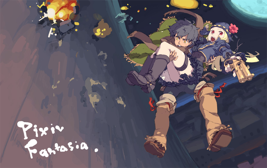 enkyo yuuichirou, pixiv fantasia, pixiv fantasia 3, 1boy, 1girl, black hair, blonde hair, explosion, gun, red eyes, sky, weapon, yellow eyes