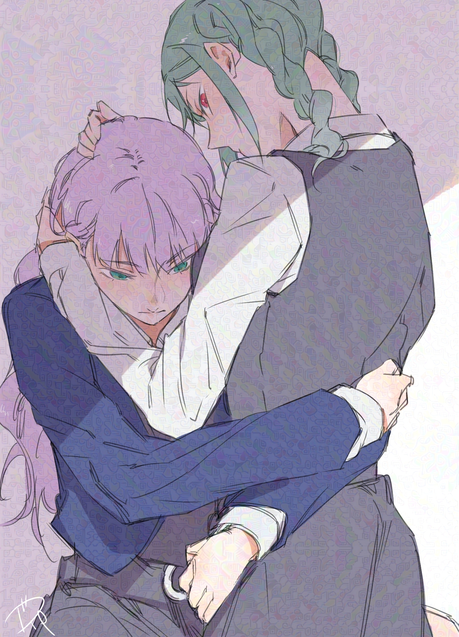 surfacedxxc, onitsuka tomari, wien margarete, love live!, love live! superstar!!, adversarial noise, commentary request, highres, 2girls, arms around waist, blue jacket, braid, dress, green eyes, green hair, grey dress, hug, jacket, multiple girls, purple hair, red eyes, school uniform, shirt, twin braids, white shirt, yuigaoka school uniform, yuri