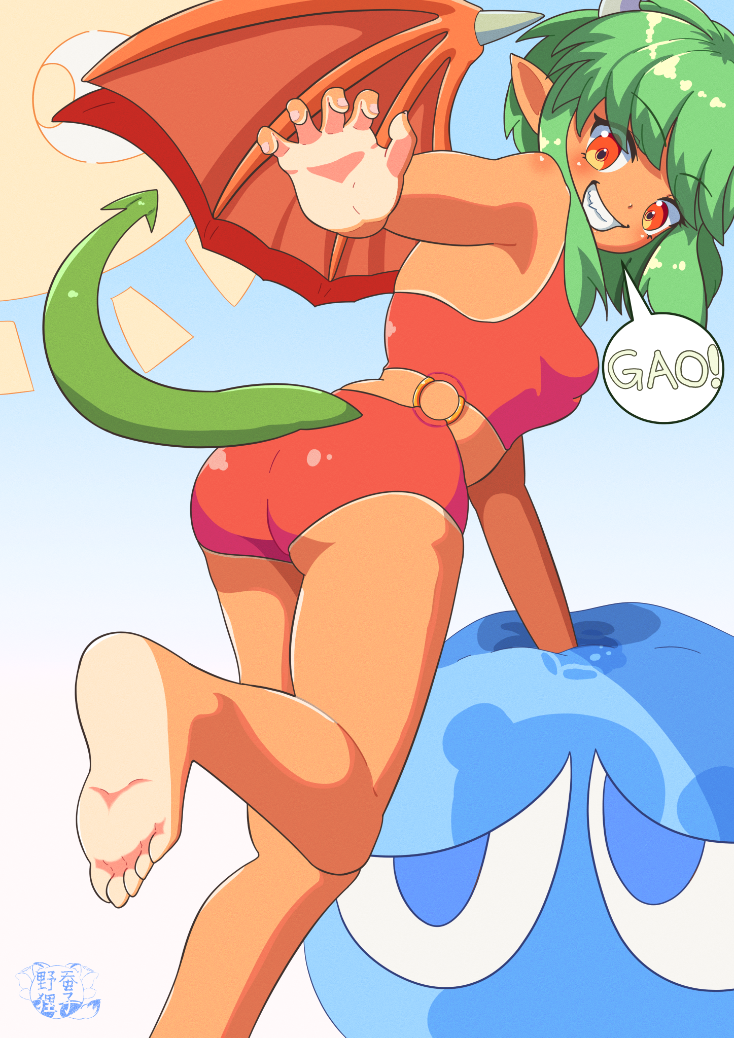 himeko nodanuki, draco centauros, puyo (puyopuyo), puyopuyo, puyopuyo sun, highres, translation request, 1girl, barefoot, claw pose, dragon girl, dragon horns, dragon tail, dragon wings, gao, green hair, green tail, horns, long sidelocks, looking at viewer, looking back, medium hair, o-ring, o-ring swimsuit, one-piece swimsuit, pointy ears, red eyes, red one-piece swimsuit, red wings, sharp teeth, sidelocks, sky, smile, soles, solo, sound effects, speech bubble, sun, swimsuit, tail, tan, teeth, watermark, wings