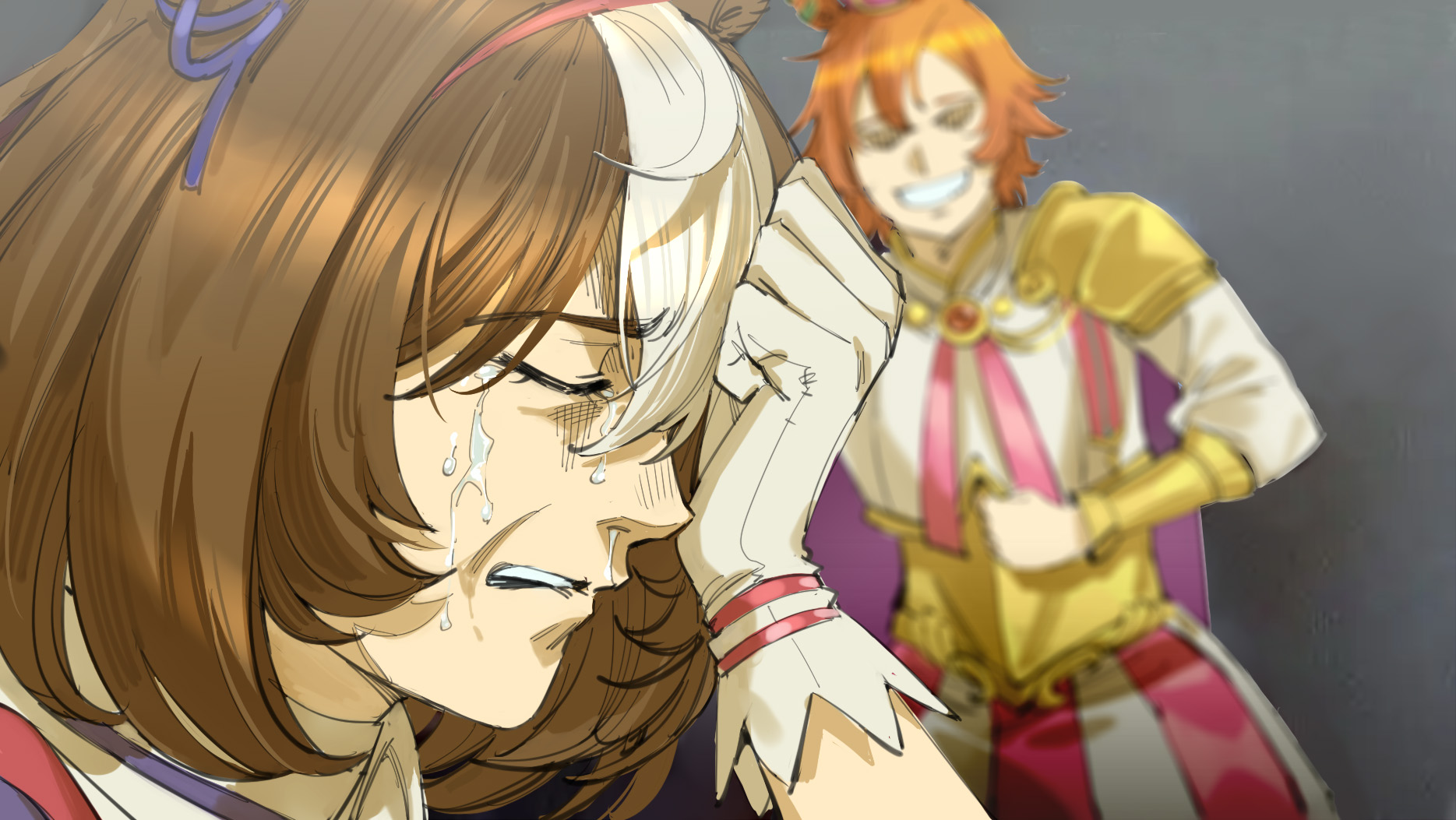 ruukii drift, meisho doto (umamusume), t.m. opera o (umamusume), umamusume, highres, tagme, animal ears, brown hair, crying, gloves, hair ornament, horse ears, horse girl, multicolored hair, orange hair, streaming tears, tears, white gloves