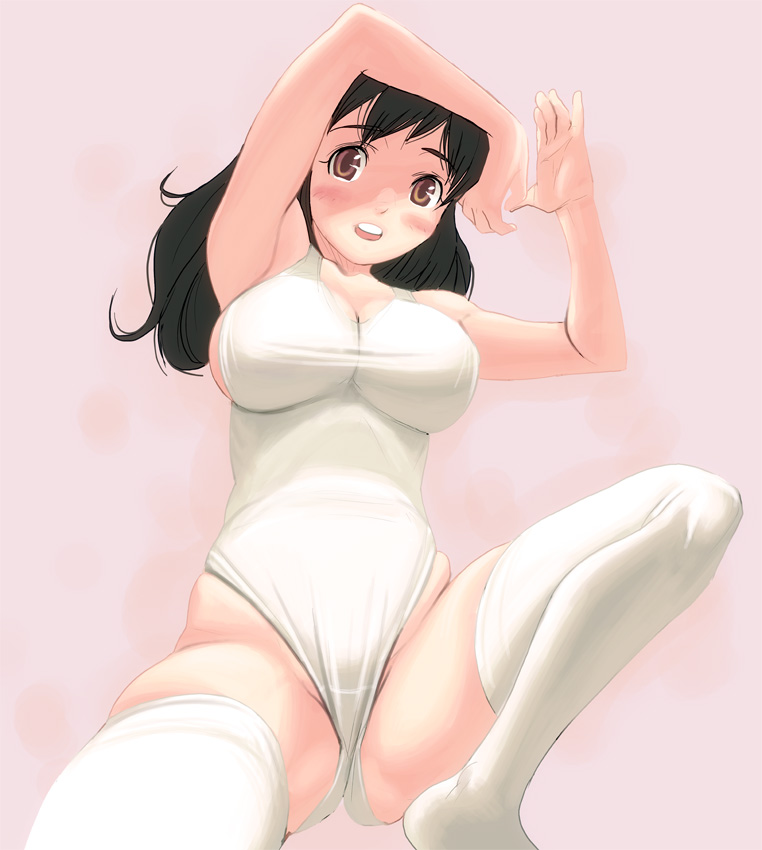 kouno (masao), crotch, bad id, bad pixiv id, 1girl, bare shoulders, black hair, blush, breasts, brown eyes, female focus, highleg, highleg leotard, large breasts, leotard, long hair, sideboob, solo, thighhighs, thighs, white leotard