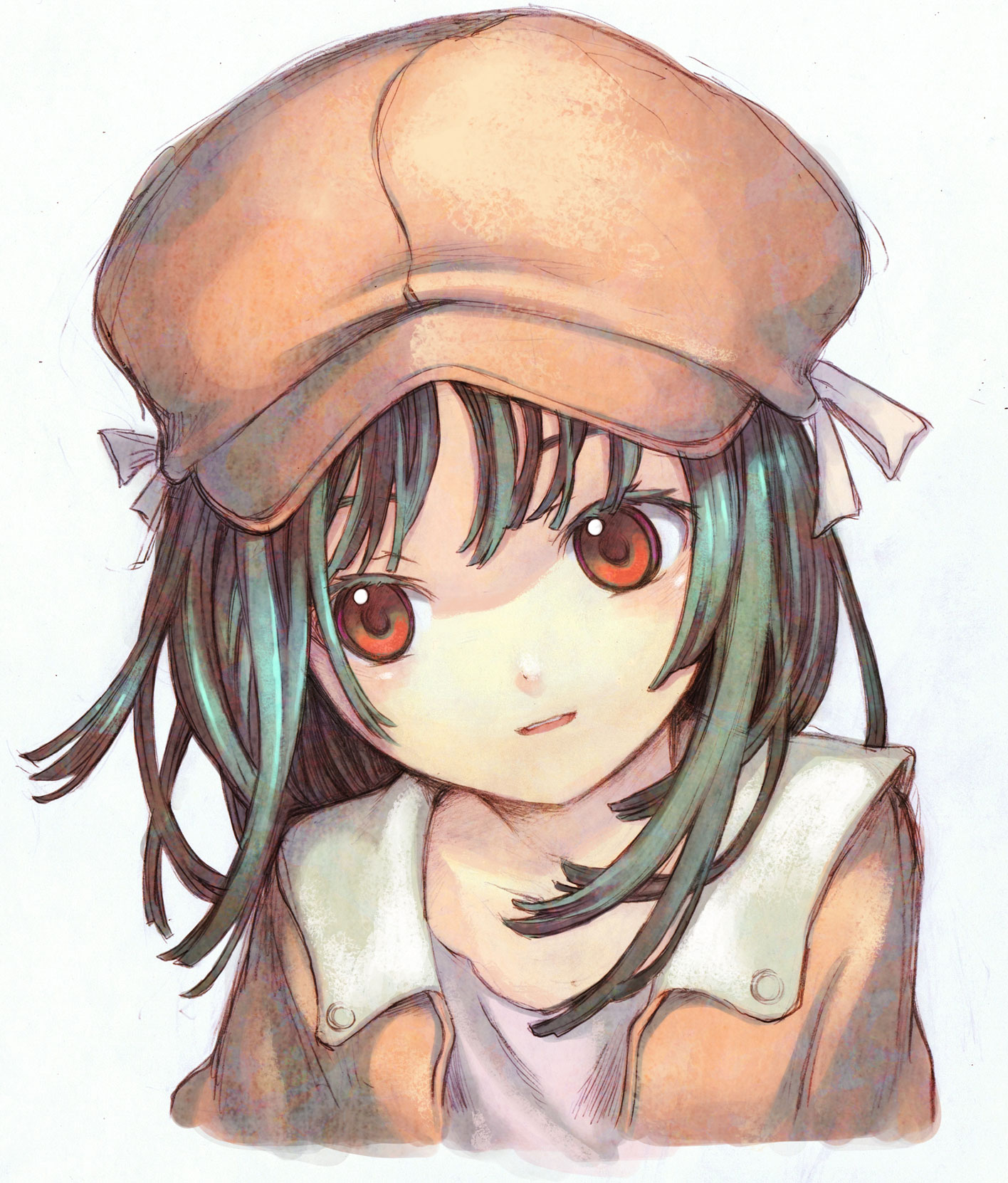 shouichi, sengoku nadeko, bakemonogatari, monogatari (series), highres, 00s, 1girl, brown eyes, child, eyelashes, female focus, green hair, hat, jacket, newsboy cap, orange hat, simple background, solo, upper body, white background