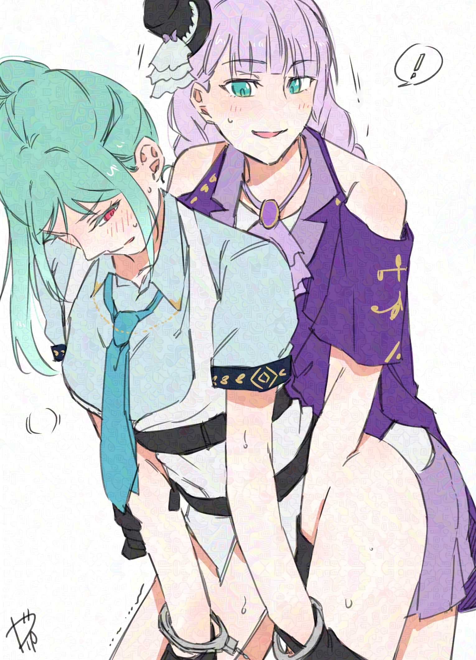 surfacedxxc, onitsuka tomari, wien margarete, love live!, love live! superstar!!, adversarial noise, commentary request, highres, !, 2girls, belt, black gloves, blue necktie, blue shirt, blush, clothing cutout, cuffs, dress, fingering, gloves, green eyes, green hair, handcuffs, long hair, multiple girls, necktie, open mouth, ponytail, purple dress, purple hair, reach-around, red eyes, shirt, shoulder cutout, simple background, smile, spoken exclamation mark, sweat, trembling, veil, vest, white background, white vest, yuri