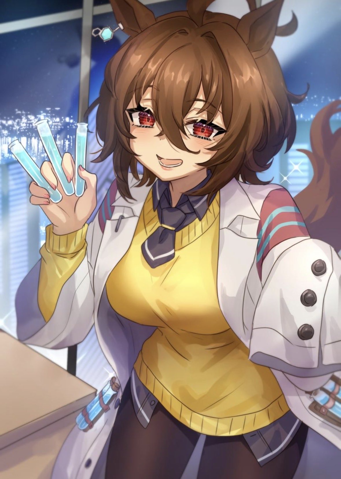 ten-chan (eternal s), agnes tachyon (tach-nology) (umamusume), agnes tachyon (umamusume), umamusume, highres, 1girl, ahoge, animal ears, black pantyhose, blush, breasts, brown hair, chemical structure, coat, cork, earrings, hair between eyes, holding, holding test tube, horse ears, horse girl, horse tail, huge ahoge, jewelry, lab coat, large breasts, long sleeves, looking at viewer, medium hair, necktie, open mouth, pantyhose, red eyes, short necktie, single earring, sleeves past fingers, sleeves past wrists, smile, solo, sweater, sweater vest, tail, test tube, white coat, wolf cut, yellow sweater, yellow sweater vest