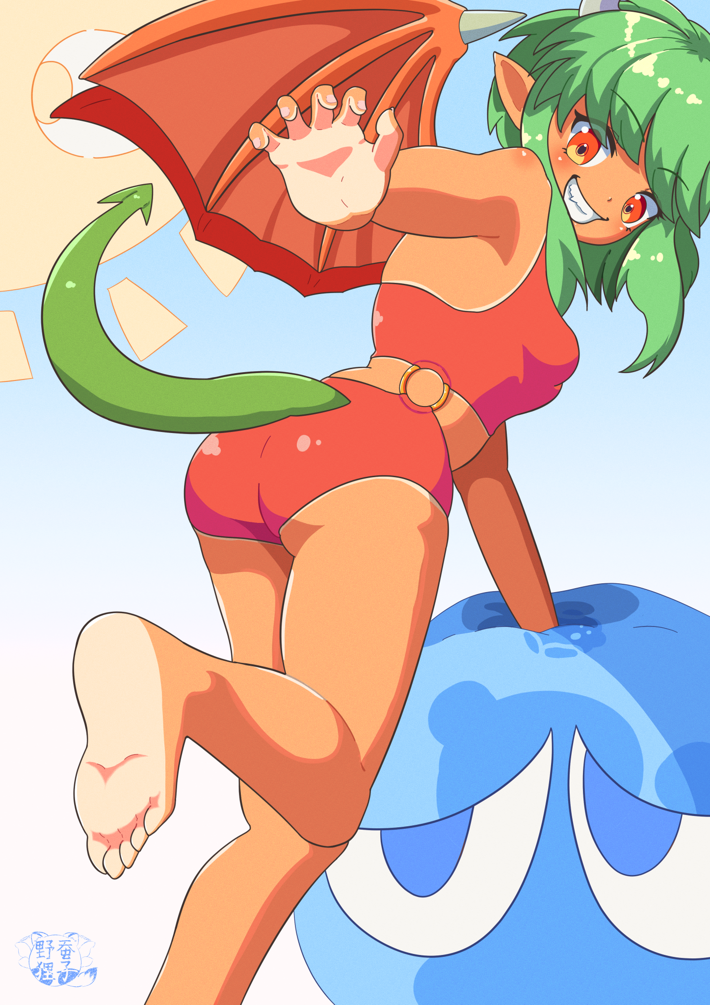 himeko nodanuki, draco centauros, puyo (puyopuyo), puyopuyo, puyopuyo sun, highres, translation request, 1girl, barefoot, claw pose, dragon girl, dragon horns, dragon tail, dragon wings, green hair, green tail, horns, long sidelocks, looking at viewer, looking back, medium hair, o-ring, o-ring swimsuit, one-piece swimsuit, pointy ears, red eyes, red one-piece swimsuit, red wings, sharp teeth, sidelocks, sky, smile, soles, solo, sun, swimsuit, tail, tan, teeth, watermark, wings