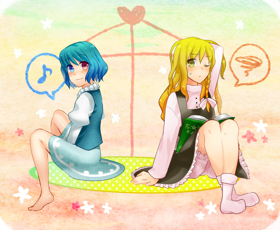 peel, kirisame marisa, tatara kogasa, touhou, 2girls, aqua hair, blonde hair, bloomers, book, female focus, heterochromia, multiple girls, musical note, one eye closed, quaver, speech bubble, spoken musical note, spoken squiggle, squiggle, underwear, wink