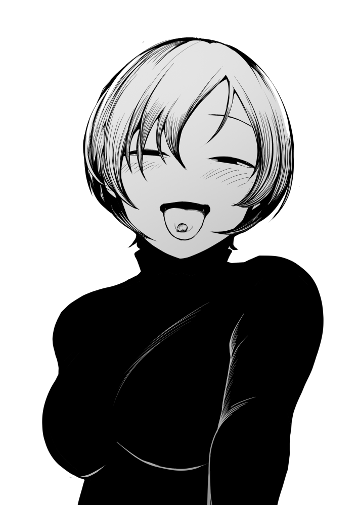 sadahiro (chicken nugget gyuuniku aji), original, commentary request, 1girl, breasts, empty eyes, greyscale, half-closed eyes, looking at viewer, medium breasts, monochrome, no nose, open mouth, pill, short hair, simple background, solo, sweater, tongue, tongue out, turtleneck, turtleneck sweater, upper body, v