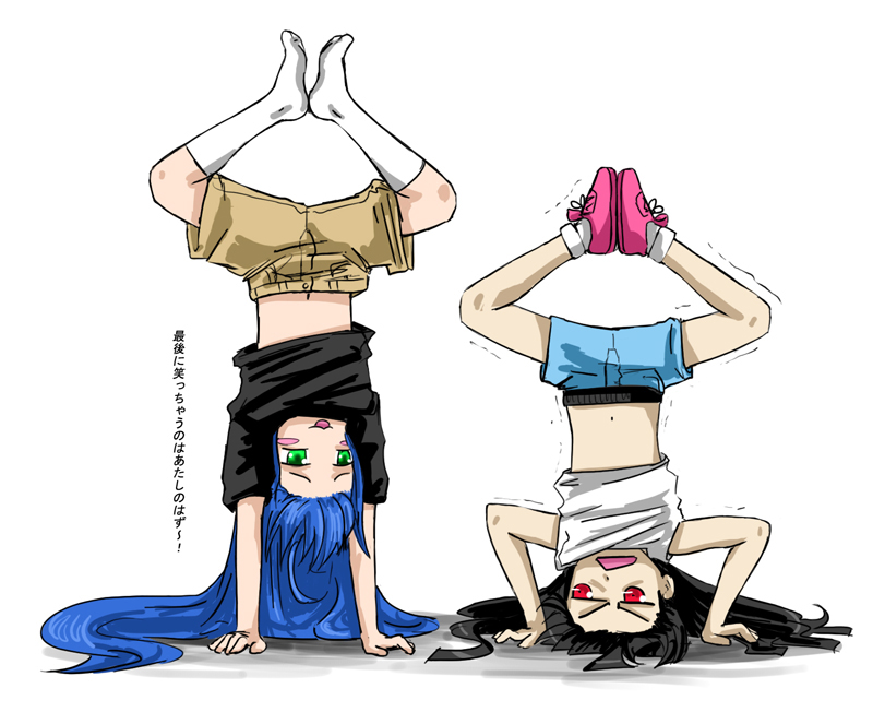 enma ai, izumi konata, jigoku shoujo, lucky star, translated, 00s, crossover, hairline, handstand, headstand, shorts, trembling, upside-down