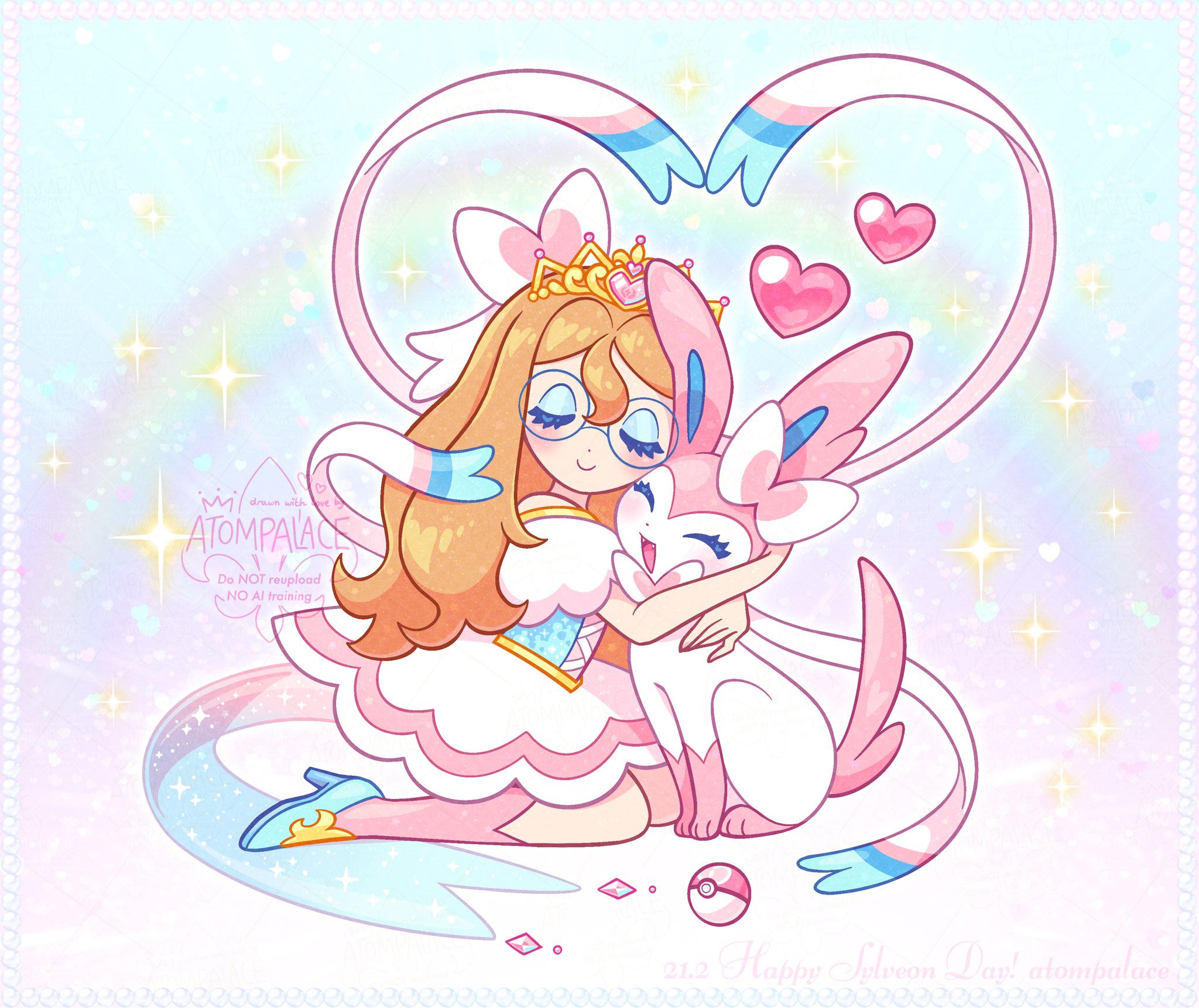 atom palace, sylveon, nintendo, original, pokemon, highres, 1girl, artist self-insert, blue eyeshadow, blue shoes, closed eyes, dress, eyeshadow, gen 6 pokemon, glasses, heart, hug, long hair, love ball, makeup, orange hair, pastel colors, poke ball, pokemon (creature), ribbon, round eyewear, shoes, sitting, sparkle, tiara, watermark, yume kawaii