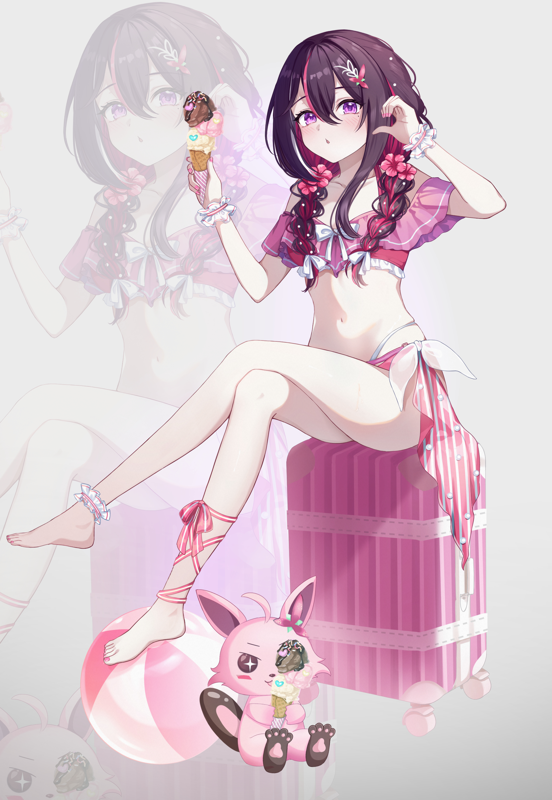 piyottorabitto, azki (hololive), pioneer (azki), hololive, absurdres, commentary, highres, symbol-only commentary, 1girl, alternate hairstyle, ankle scrunchie, barefoot, bikini, black hair, braid, colored inner hair, creature, crossed legs, flat chest, flower, full body, hair flower, hair ornament, holding, holding ice cream cone, ice cream cone, long hair, looking at viewer, mole, mole under eye, multicolored hair, nail polish, navel, on suitcase, open mouth, pink bikini, pink flower, pink hair, pink nails, purple eyes, rolling suitcase, scrunchie, side-tie bikini bottom, simple background, sitting, solo, suitcase, swimsuit, toenail polish, toenails, twin braids, virtual youtuber, white scrunchie, wrist scrunchie