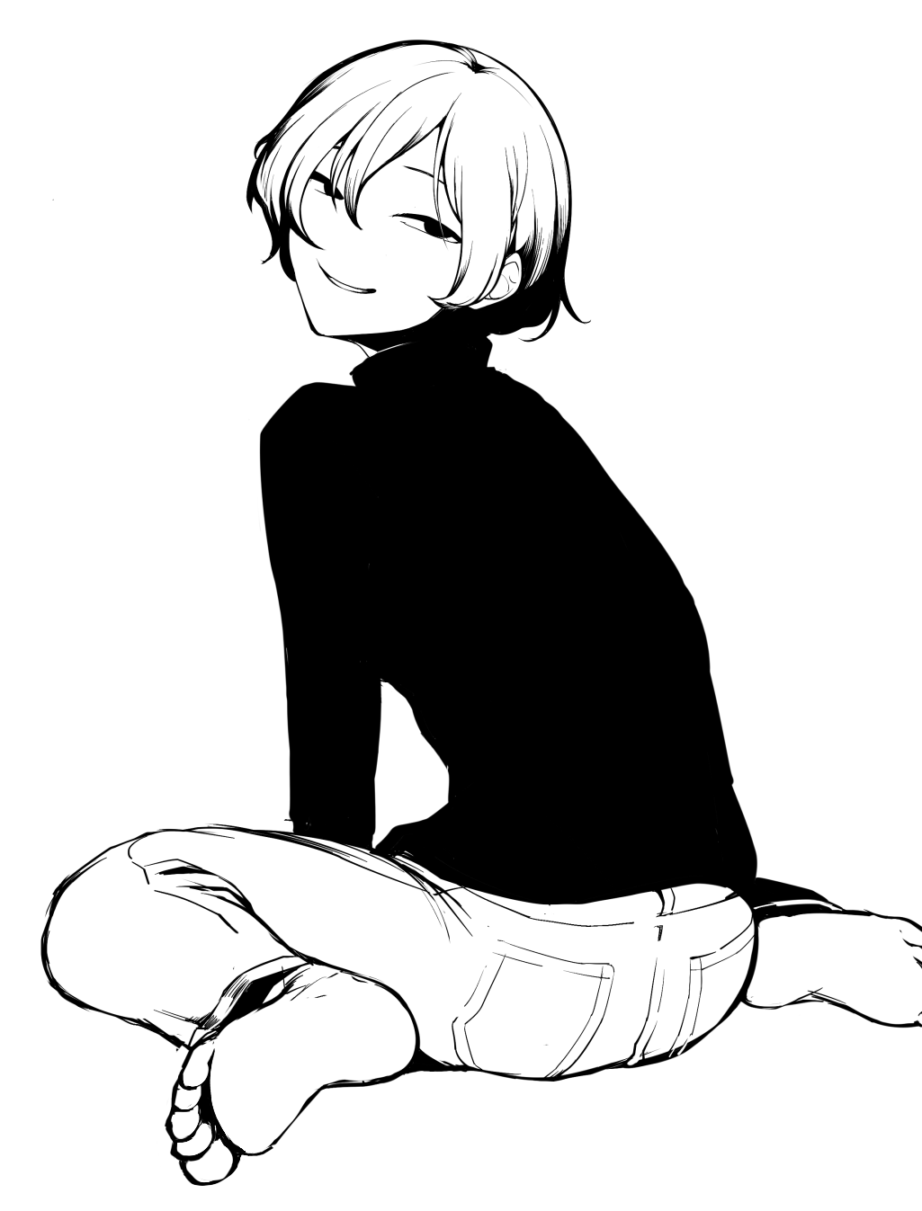 sadahiro (chicken nugget gyuuniku aji), original, commentary request, highres, 1girl, ass, barefoot, empty eyes, feet, from behind, full body, greyscale, long sleeves, looking at viewer, looking back, monochrome, pants, short hair, simple background, sitting, soles, solo, sweater, toes, turtleneck, turtleneck sweater, v, wariza