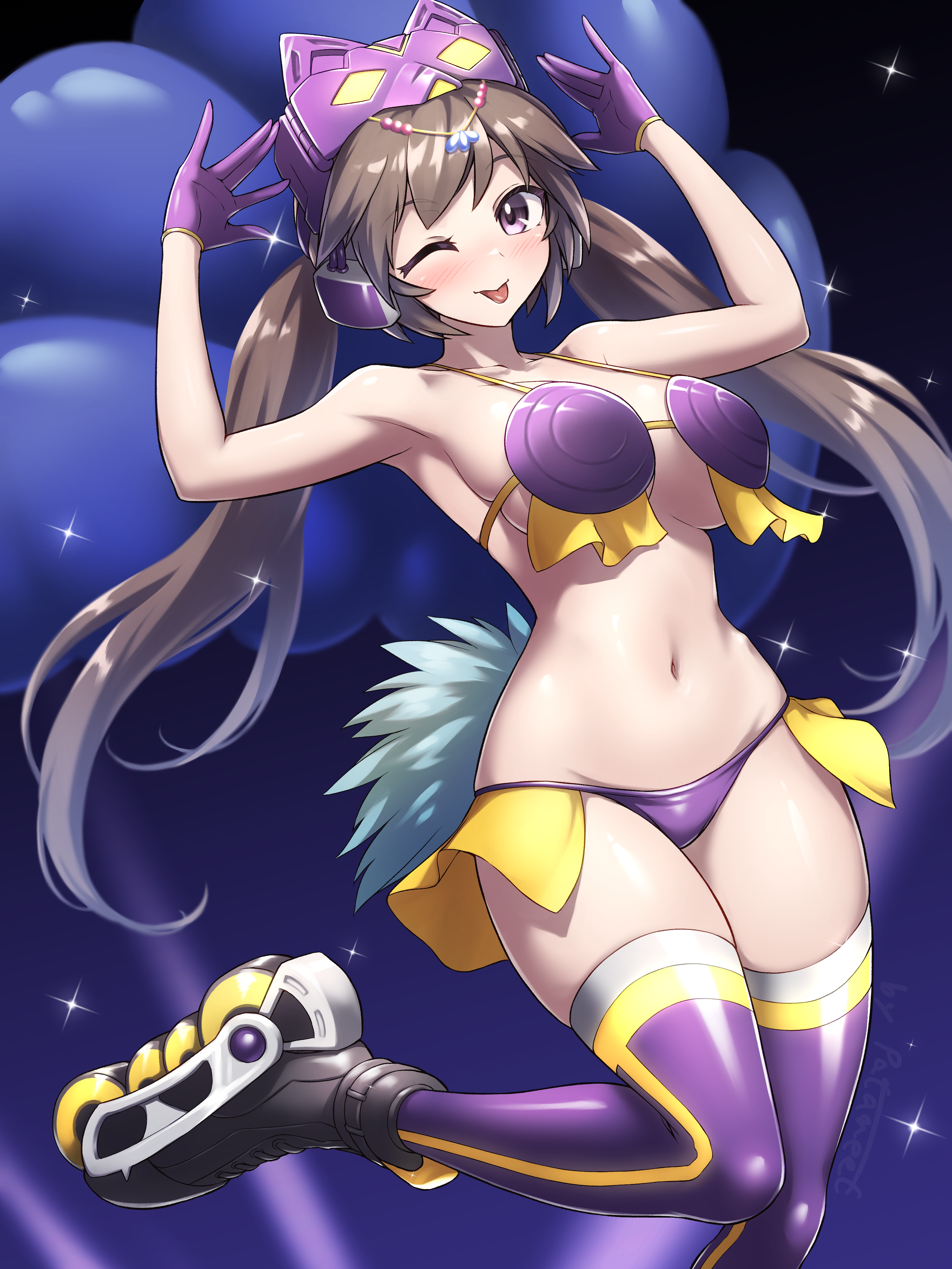 pataneet, i:p masquerena, yu-gi-oh!, 1, female, 1girl, :p, animal ears, bikini, breasts, carnival, cat ears, duel monster, gloves, large breasts, looking at viewer, one eye closed, roller skates, skates, solo, solo focus, swimsuit, thighhighs, tongue, tongue out, twintails, wink