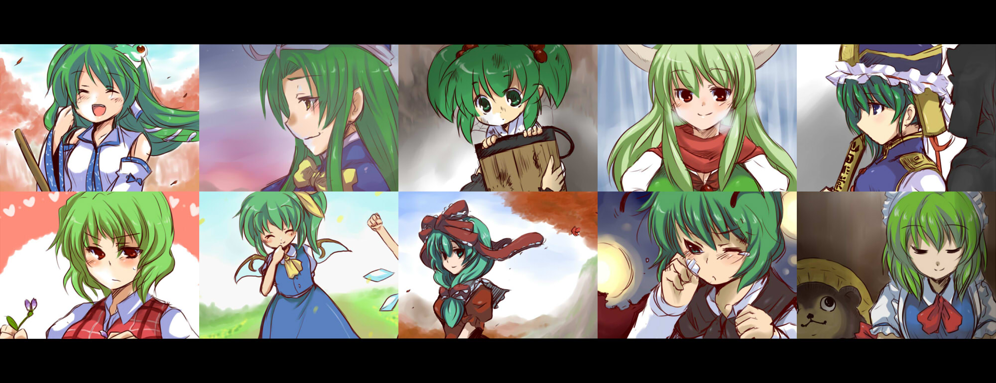 toto (hitori othello), cirno, daiyousei, ex-keine, kagiyama hina, kamishirasawa keine, kazami yuuka, kisume, kochiya sanae, kurodani yamame, mima (touhou), ruukoto, shiki eiki, wriggle nightbug, phantasmagoria of dim.dream, touhou, touhou (pc-98), highres, long image, wide image, 6+girls, bandages, blush, bow, bucket, color connection, fairy wings, flower, green hair, hair bow, hat, holding, holding flower, in bucket, in container, maid, moon, multiple girls, nature, plaid clothes, plaid vest, ribbon, rod of remorse, scarf, silk, smirk, spider web, tanuki, tears, vest, wings