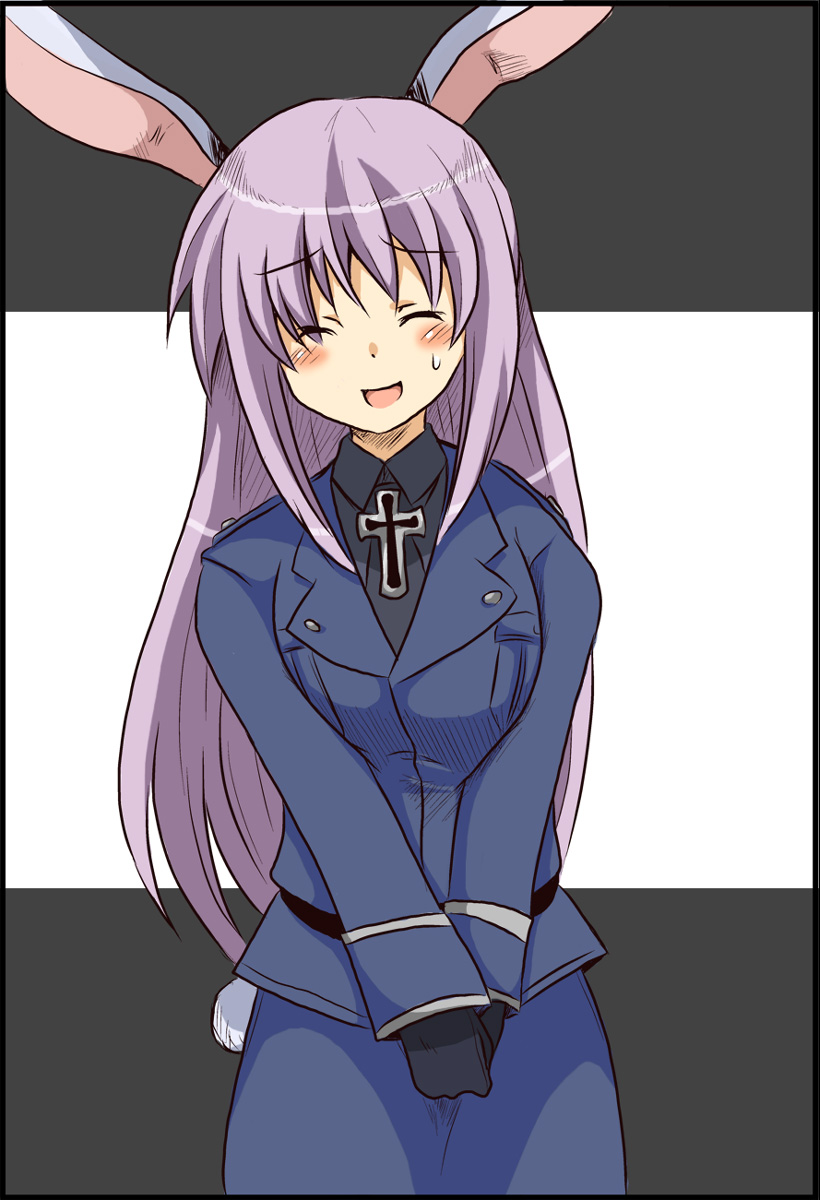 toto (hitori othello), prussia (hetalia), reisen udongein inaba, axis powers hetalia, touhou, bad id, bad pixiv id, highres, 1girl, animal ears, blush, closed eyes, cosplay, cross, female focus, military, military uniform, prussia (hetalia) (cosplay), purple hair, rabbit ears, rabbit girl, rabbit tail, solo, sweatdrop, tail
