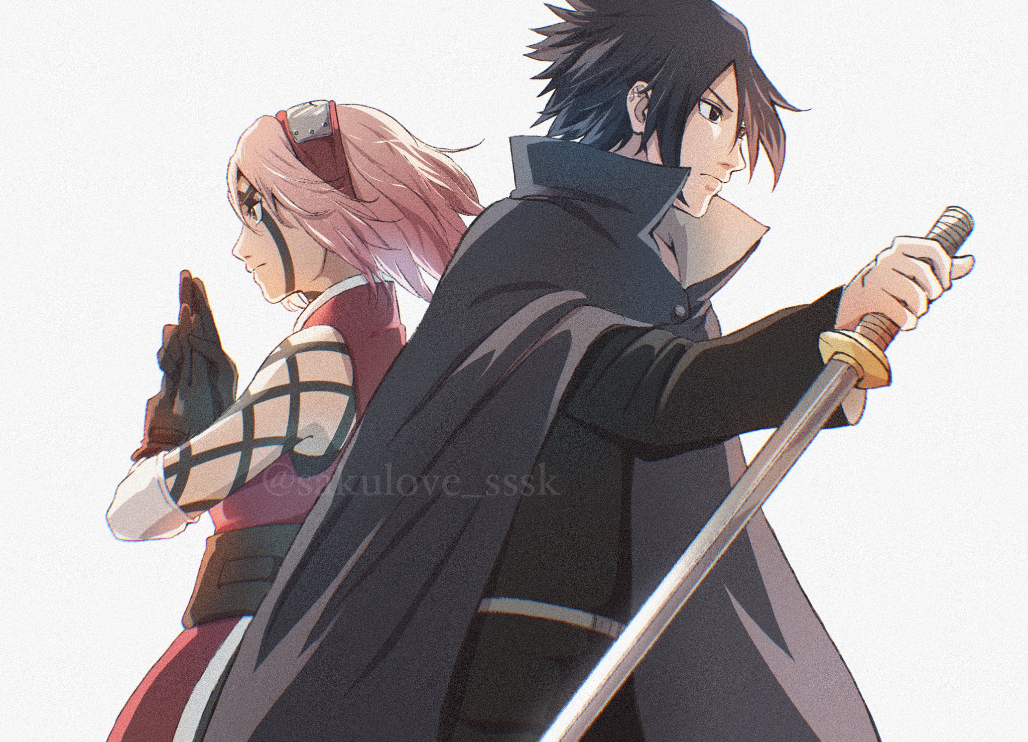 haruno sakura, uchiha sasuke, naruto (series), naruto shippuuden, highres, 1boy, 1girl, arm markings, back-to-back, bare shoulders, black cloak, black gloves, black hair, black jacket, black pants, body markings, breasts, cloak, dress, elbow sleeve, facial mark, fighting stance, furrowed brow, gloves, hair between eyes, hairband, holding, holding sword, holding weapon, jacket, medium breasts, medium hair, own hands together, pants, pink hair, red dress, red hairband, sakulove sssk, short hair, sword, twitter username, weapon, white background