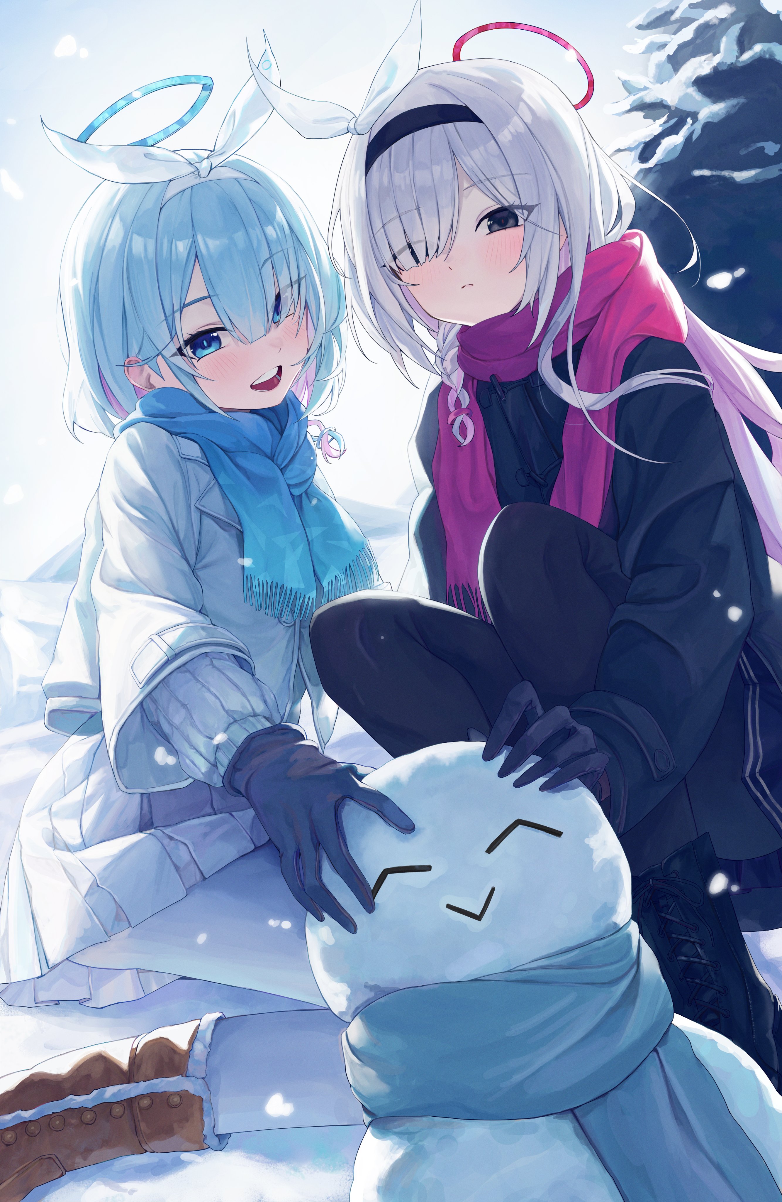 rosu 1109, arona (blue archive), doodle sensei (blue archive), plana (blue archive), sensei (blue archive), blue archive, character snowman, absurdres, highres, revision, 2girls, alternate costume, black eyes, black gloves, black jacket, black pantyhose, black skirt, blue eyes, blue hair, blue halo, blue scarf, braid, colored inner hair, gloves, grey background, hair over one eye, halo, jacket, long hair, mismatched pupils, multicolored hair, multiple girls, open mouth, pantyhose, pink hair, pink scarf, red halo, scarf, short hair, single braid, skirt, snow, snowman, white hair, white jacket, white pantyhose, white skirt