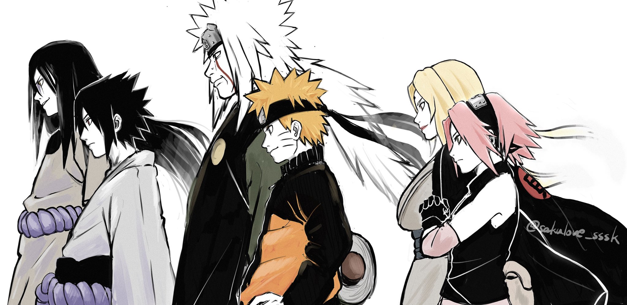 haruno sakura, jiraiya (naruto), orochimaru (naruto), tsunade (naruto), uchiha sasuke, uzumaki naruto, naruto (series), naruto shippuuden, highres, 2girls, 4boys, bare shoulders, black gloves, black hairband, black headband, black jacket, black sleeves, black vest, blonde hair, breasts, closed mouth, facial mark, forehead mark, forehead protector, gloves, hair between eyes, hairband, hand on own hip, headband, jacket, japanese clothes, large breasts, low ponytail, low twintails, medium breasts, medium hair, multicolored jacket, multiple boys, multiple girls, orange jacket, own hands clasped, own hands together, parted bangs, pink hair, ponytail, rope belt, sakulove sssk, shirt, short hair, smile, spiked hair, twintails, two-tone jacket, upper body, vest, whisker markings, white background, white hair, white shirt