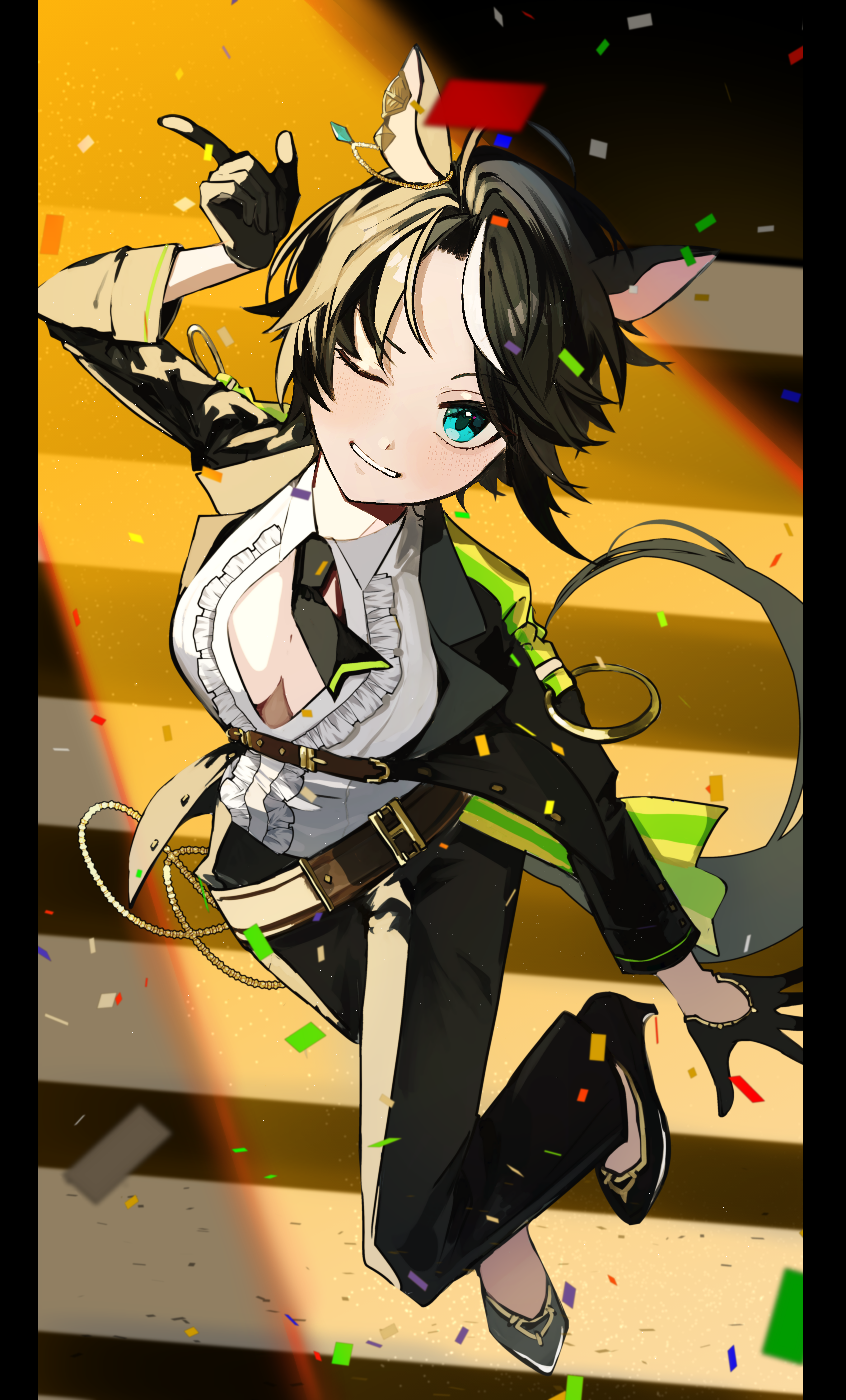 fuji kiseki (shooting star revue) (umamusume), fuji kiseki (umamusume), umamusume, absurdres, commentary request, highres, 1girl, ahoge, animal ears, arm up, belt, black gloves, black hair, black jacket, black necktie, black pants, black shoes, blue eyes, boots, breasts, brown belt, brown boots, center frills, cleavage, collared shirt, confetti, ear ornament, ear piercing, frilled shirt, frills, full body, gloves, grin, high heels, horse ears, horse girl, horse tail, index finger raised, jacket, long sleeves, looking at viewer, medium breasts, multicolored hair, necktie, one eye closed, open clothes, open jacket, pants, partially unbuttoned, piercing, shirt, shoes, short hair, sidelocks, smile, solo, spotlight, standing, standing on one leg, swept bangs, tacorice umeee, tail, teeth, underbust, white hair, white shirt