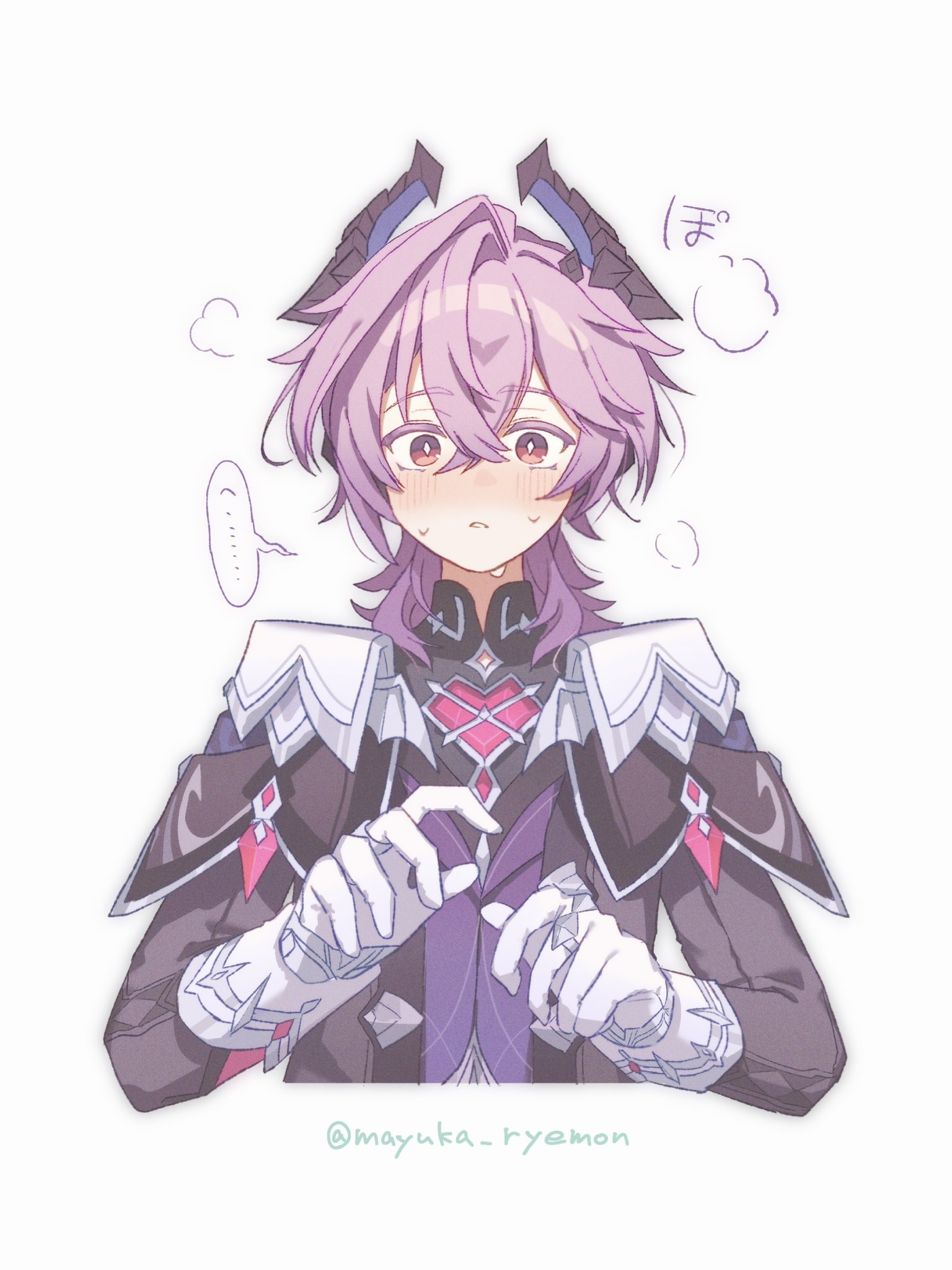 mayuka ryemon, mini durin (genshin impact), mini durin (human) (genshin impact), genshin impact, commentary, highres, symbol-only commentary, …, 1boy, arms up, black horns, blush, capelet, collared shirt, colored eyelashes, crossed bangs, double-parted bangs, dragon boy, dragon horns, gloves, hair between eyes, horns, long sleeves, male focus, medium hair, nervous sweating, open mouth, purple eyes, purple hair, purple vest, shirt, simple background, sleeve cuffs, solo, speech bubble, spoken ellipsis, sweat, twitter username, vest, white background, white gloves, wide-eyed