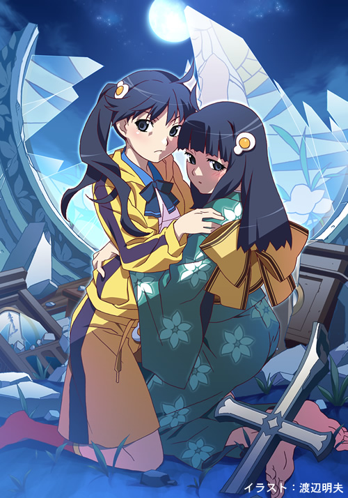 watanabe akio, araragi karen, araragi tsukihi, bakemonogatari, monogatari (series), official art, 00s, 2girls, asymmetrical hair, barefoot, egg (food), feet, food, fried egg, hair ornament, hairclip, hood, hooded track jacket, jacket, japanese clothes, multiple girls, siblings, side ponytail, sisters, soles, toes, track jacket