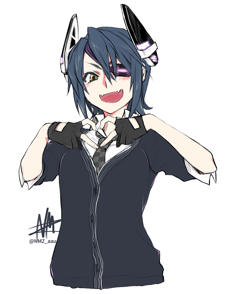 nmz (namazu), tenryuu (kancolle), kantai collection, 1girl, black cardigan, black gloves, blue hair, cardigan, checkered necktie, collared shirt, cropped torso, eyepatch, fangs, finger heart, gloves, hair between eyes, headgear, looking at viewer, necktie, open mouth, partially fingerless gloves, shirt, short hair, signature, simple background, skin fangs, solo, twitter username, upper body, white background, white shirt, yellow eyes
