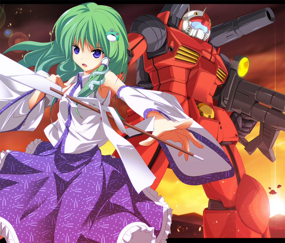 zb (dawn-blue), guncannon, kochiya sanae, gundam, mobile suit gundam, touhou, blue eyes, crossover, frog, green hair, mecha, robot, solo, sunset, ufo