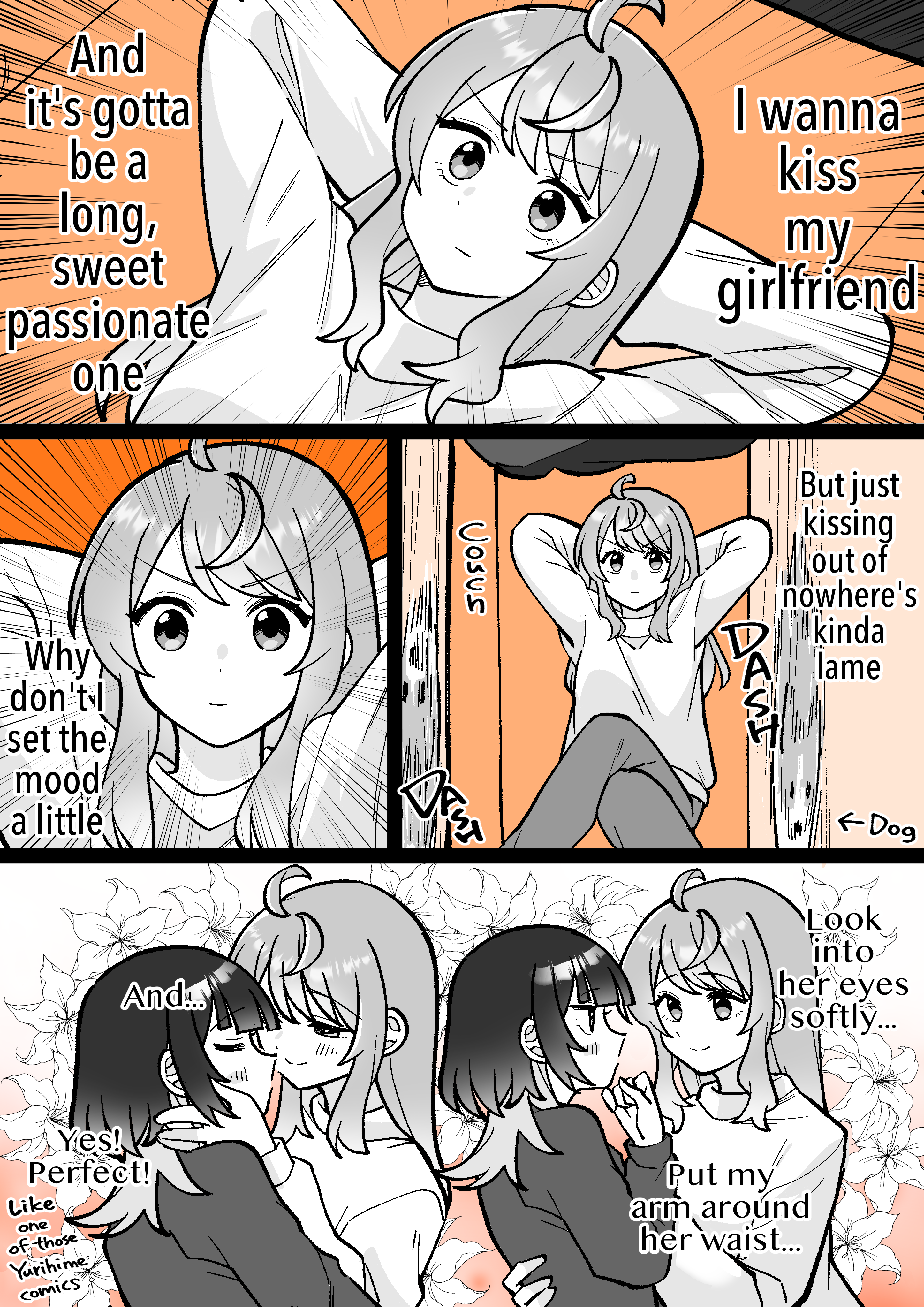 hyaluron & daruma, absurdres, commentary, english commentary, highres, 2girls, blush, closed mouth, english text, flower, greyscale with colored background, hand on another's waist, imminent kiss, koharu and minato, koharu suzumura, lily (flower), long hair, minato matsuki, multiple girls, pants, smile, sweater, wolf cut, yuri