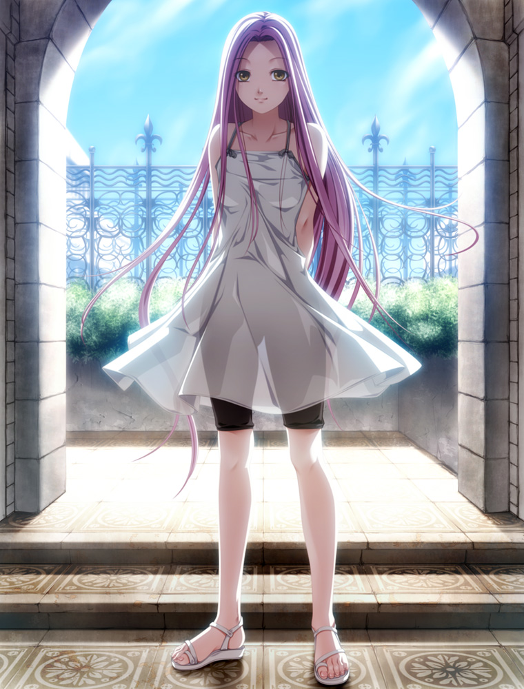rezi, original, white footwear, bad id, bad pixiv id, 1girl, arch, arms behind back, backlighting, bare shoulders, bike shorts, bush, camisole, collarbone, concrete, day, dress, feet, female focus, fence, full body, ironwork, legs, long hair, long legs, looking at viewer, no socks, open shoes, outdoors, perspective, plant, purple hair, sandals, see-through clothes, shoes, short dress, sky, sleeveless, sleeveless dress, smile, solo, spaghetti strap, stairs, standing, sundress, sunlight, tile floor, tiles, toes, very long hair, white dress, yellow eyes