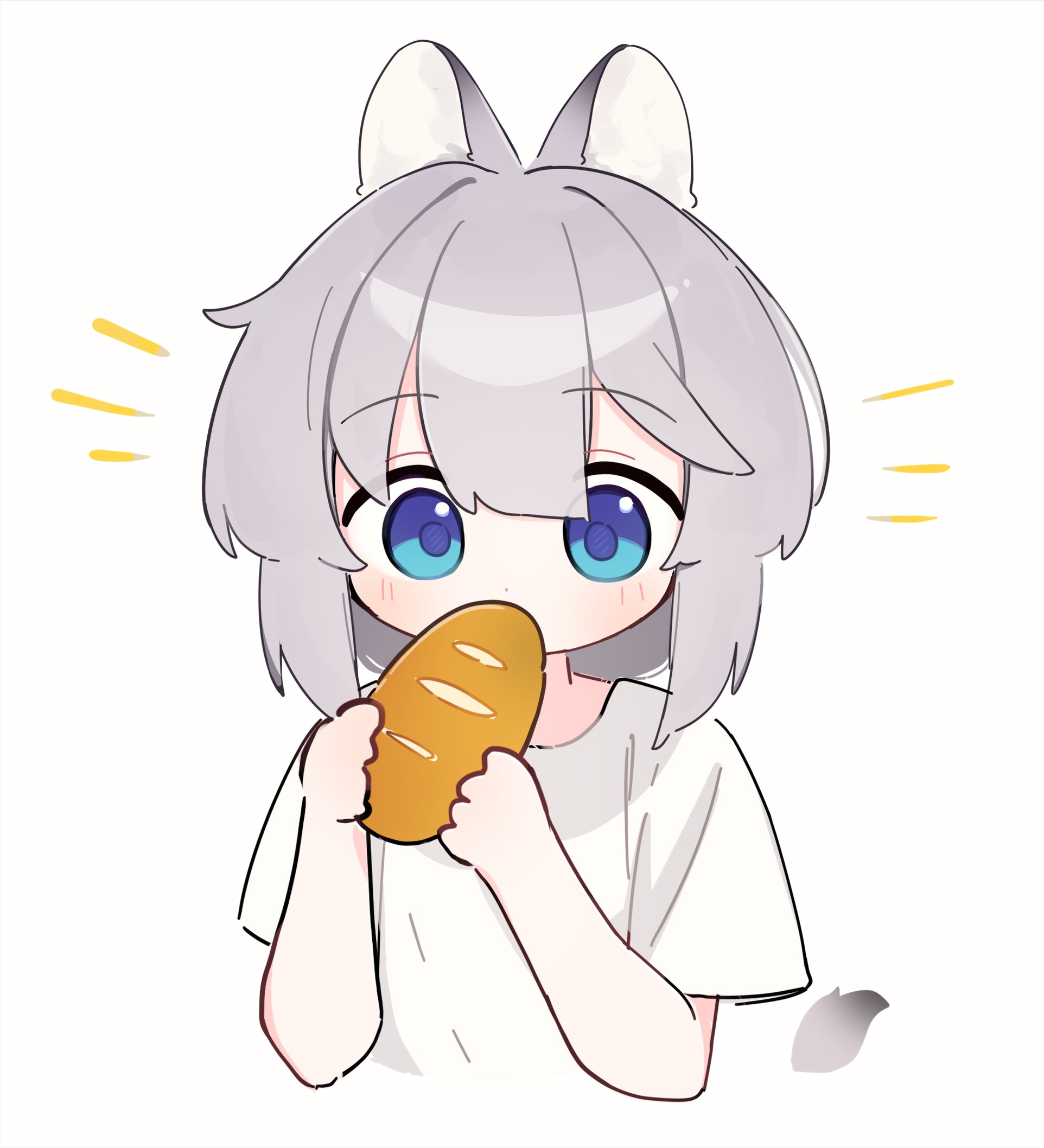 riya (01214), original, commentary, highres, symbol-only commentary, 1girl, animal ear fluff, animal ears, blue eyes, bread, chibi, cropped torso, food, grey hair, hair between eyes, holding, holding food, notice lines, shirt, short sleeves, simple background, solo, tail, upper body, white background, white shirt