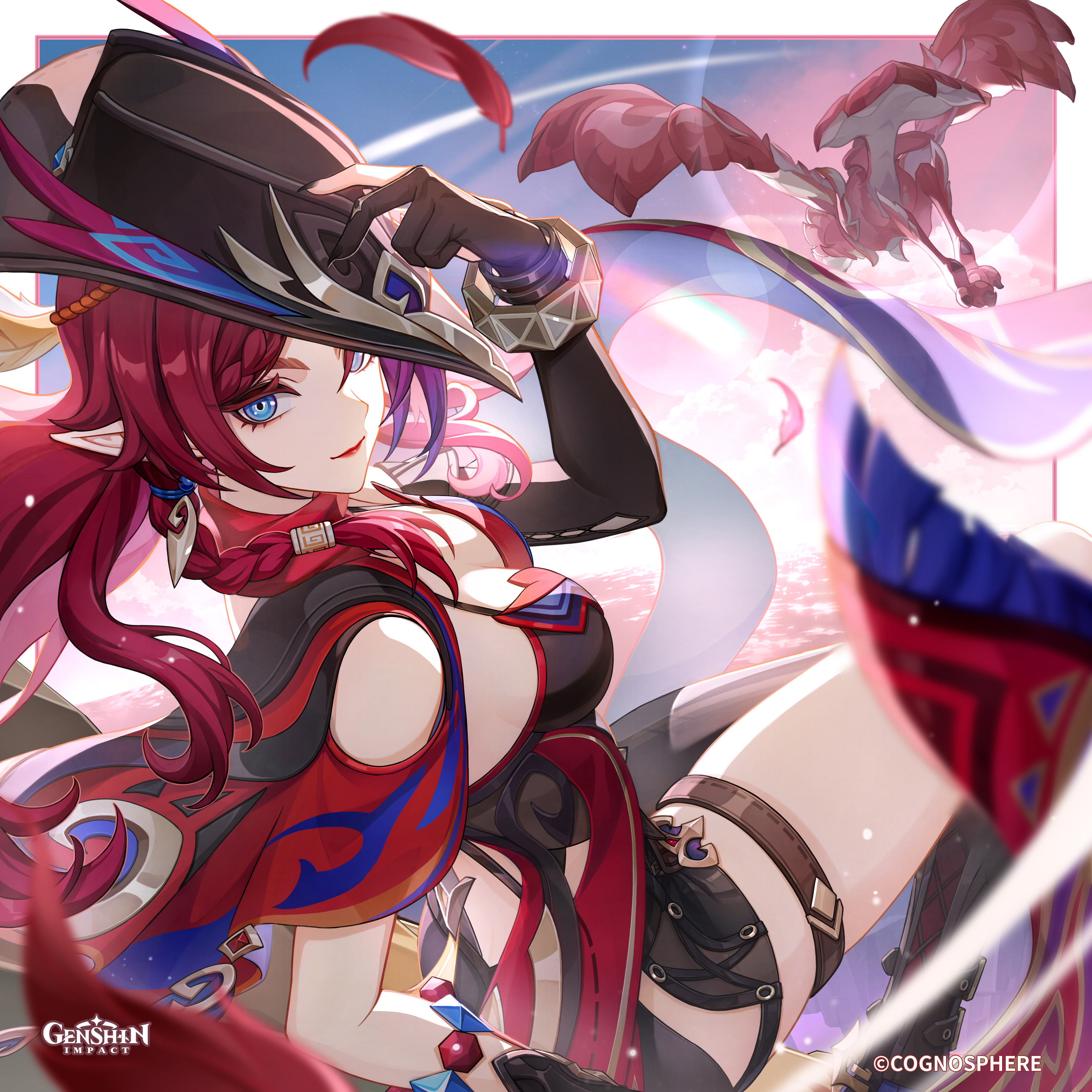 chasca (genshin impact), genshin impact, absurdres, commentary, english commentary, highres, official art, 1girl, asymmetrical clothes, black gloves, black hat, black pants, blue eyes, breasts, cleavage, closed mouth, elbow gloves, floating hair, gloves, hand up, hat, long hair, looking at viewer, outdoors, pants, partially fingerless gloves, pointy ears, red hair, single pantsleg, smile, solo