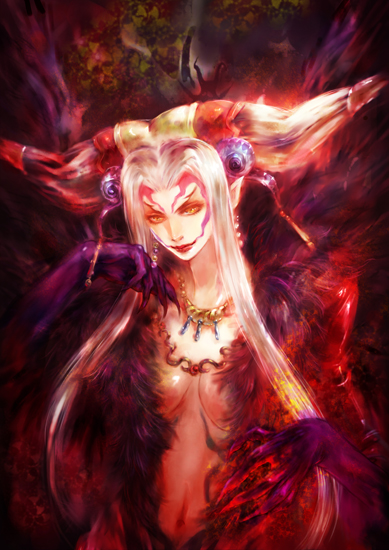 tsuya iruka, ultimecia, final fantasy, final fantasy viii, 1990s (style), 1girl, blonde hair, breasts, cleavage, creature, evil smile, female focus, grey hair, headdress, horns, jewelry, large breasts, long hair, looking at viewer, midriff, navel, necklace, pointy ears, retro artstyle, revealing clothes, sidelocks, smile, solo, underboob, very long hair, yellow eyes