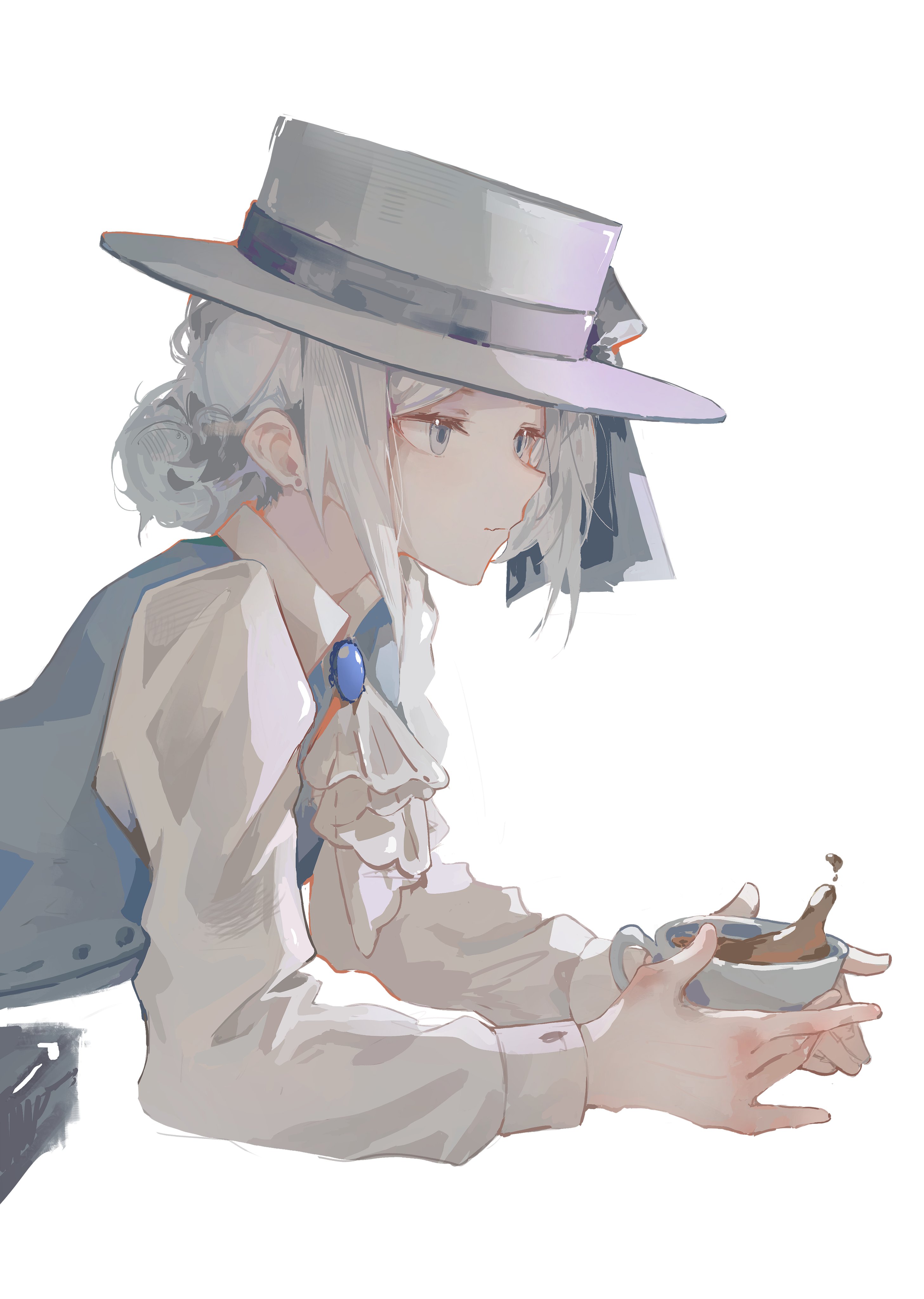 elyzerda, vertin (reverse:1999), reverse:1999, absurdres, highres, tagme, ascot, blue pendant, collar, cup, frills, hat, holding, holding cup, white ascot, white collar, white eyes, white hair, white hat