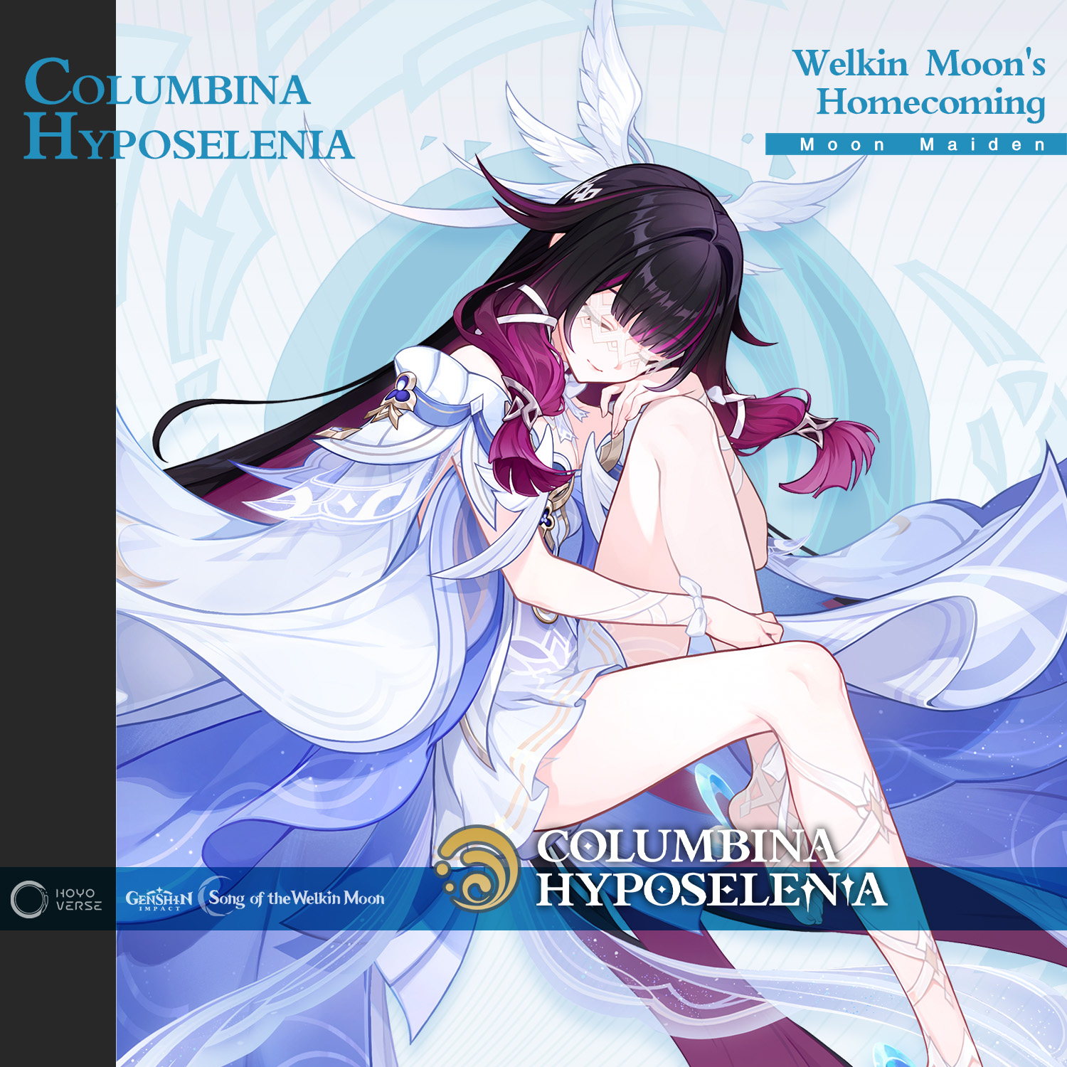 columbina (genshin impact), genshin impact, commentary, english commentary, highres, official art, 1girl, bare legs, bare shoulders, barefoot, black hair, blindfold, closed eyes, dress, eye mask, feet, hair intakes, head wings, knee up, long hair, mask, multicolored hair, multiple wings, off-shoulder dress, off shoulder, pink hair, purple hair, ribbon, short sleeves, solo, streaked hair, toes, two-tone hair, very long hair, white dress, white ribbon, wings, wrist ribbon