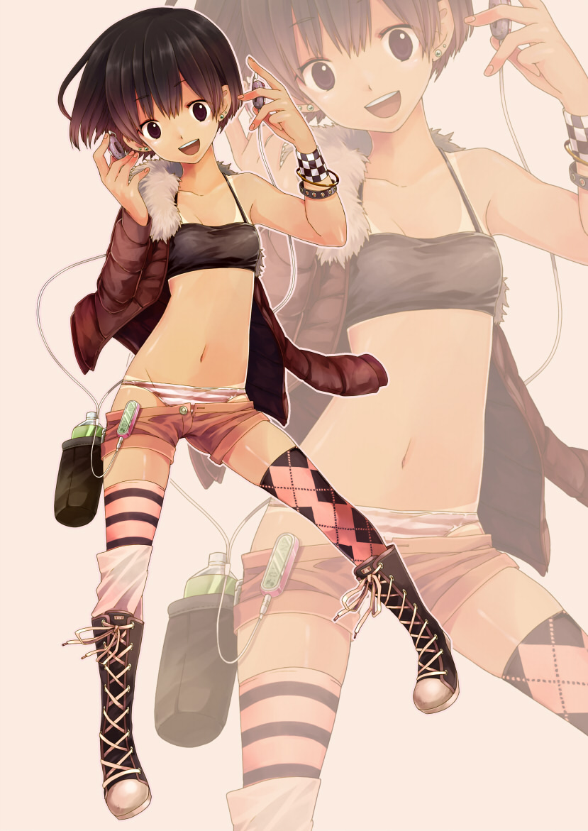 toudou charo, tr, original, bad id, bad pixiv id, 1girl, argyle clothes, argyle socks, asymmetrical clothes, bikini tan, boots, bracelet, brown eyes, brown hair, digital walkman, female focus, flat chest, headphones, jacket, jewelry, lace-up boots, mp3 player, navel, open mouth, panties, pink background, pink thighhighs, short hair, short shorts, shorts, simple background, smile, socks, solo, striped clothes, striped panties, striped socks, striped thighhighs, tan, tanline, thighhighs, underwear, walkman e series, zoom layer
