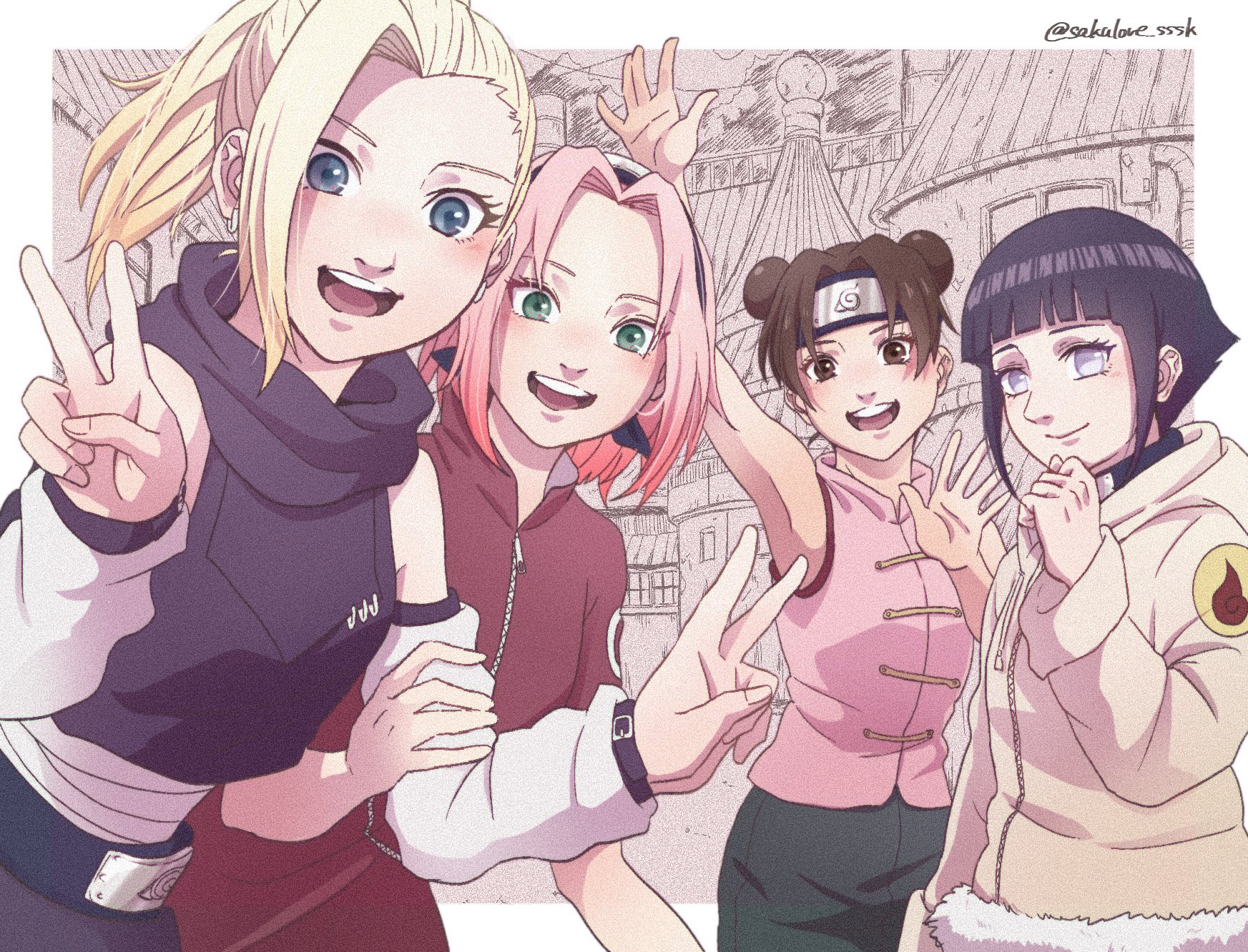 haruno sakura, hyuuga hinata, tenten (naruto), yamanaka ino, naruto (series), highres, 4girls, bare shoulders, black shirt, blonde hair, blue eyes, blunt bangs, border, breasts, brown eyes, closed mouth, coat, double bun, double v, dress, fur-trimmed coat, fur trim, green eyes, grey eyes, hair bun, hairband, hand to own mouth, hand up, headband around neck, holding another's arm, hood, hooded coat, konohagakure symbol, light smile, long hair, looking at viewer, maid headdress, medium breasts, multiple girls, no pupils, open mouth, parted bangs, pink hair, pink shirt, ponytail, red dress, sakulove sssk, shirt, short hair, sidelocks, sleeveless, sleeveless turtleneck, turtleneck, twitter username, upper body, v, white border