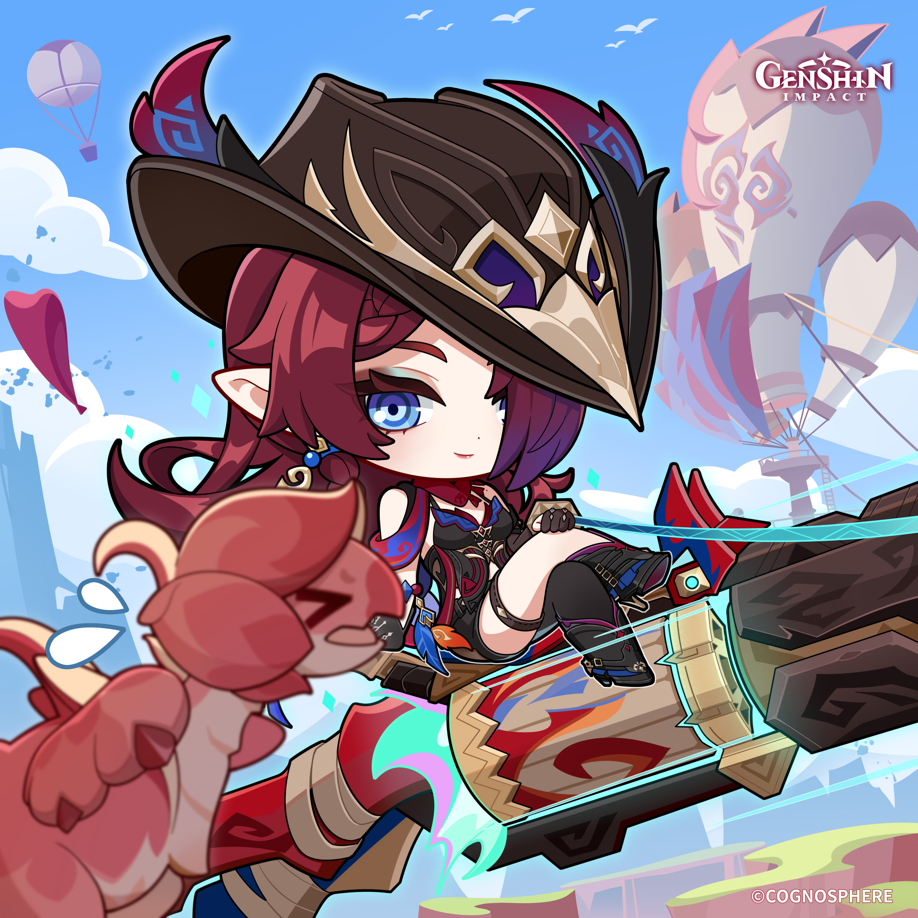 chasca (genshin impact), qucusaurus (genshin impact), genshin impact, absurdres, commentary, english commentary, highres, official art, > <, 1girl, aircraft, asymmetrical pants, bird, blue eyes, blue sky, blurry, blurry background, boots, braid, breasts, chibi, closed mouth, cloud, copyright name, crossed legs, day, dot nose, earrings, flying sweatdrops, gloves, gradient hair, hair over one eye, high heel boots, high heels, hot air balloon, jewelry, long hair, looking at viewer, medium breasts, multicolored hair, open mouth, outdoors, pointy ears, sitting, sky, thigh strap