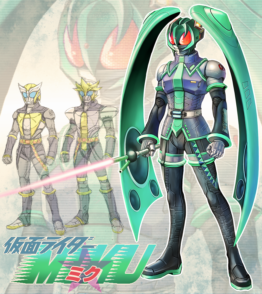 yusao, hatsune miku, kagamine len, kagamine rin, kamen rider, vocaloid, 3boys, armor, energy sword, male focus, multiple boys, parody, sword, themed object, weapon