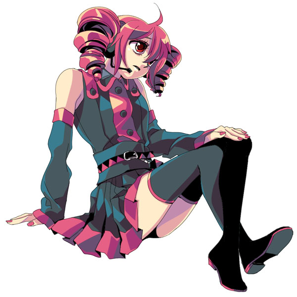 windbard, kasane teto, kasane teto (utau), utau, vocaloid, bad id, bad pixiv id, 1girl, ahoge, detached sleeves, drill hair, female focus, red eyes, red hair, simple background, solo, thighhighs, twin drills, twintails, zettai ryouiki