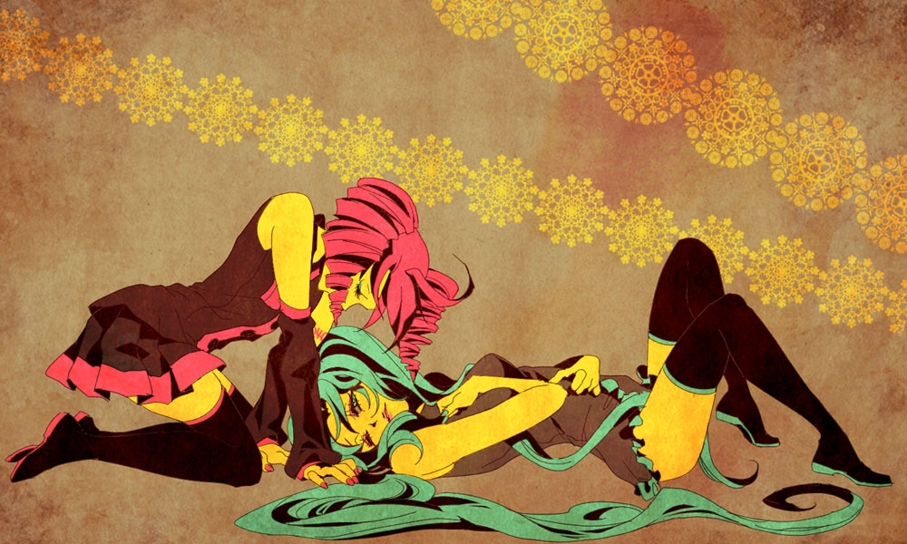 windbard, hatsune miku, kasane teto, kasane teto (utau), utau, vocaloid, bad id, bad pixiv id, 2girls, ahoge, aqua eyes, aqua hair, closed eyes, crossover, detached sleeves, drill hair, kneeling, long hair, lying, multiple girls, on back, red hair, skirt, thighhighs, twin drills, twintails, very long hair, zettai ryouiki