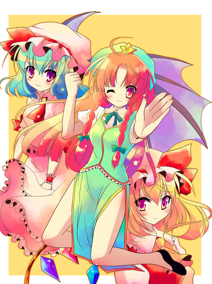 shiwasu horio, flandre scarlet, hong meiling, remilia scarlet, embodiment of scarlet devil, touhou, 3girls, aqua hair, bat wings, blonde hair, blue hair, blush, braid, china dress, chinese clothes, clenched hand, dress, female focus, gradient hair, green hair, hat, long hair, multicolored hair, multiple girls, one eye closed, orange hair, outstretched arm, ponytail, red eyes, red hair, short hair, side ponytail, side slit, simple background, smile, twin braids, wings, wink, wrist cuffs