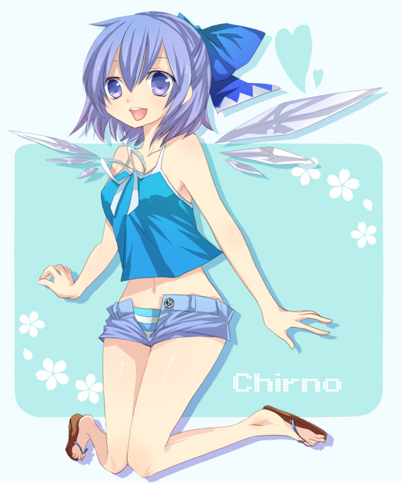 amaya enaka, tentani, cirno, touhou, light purple hair, bad id, bad pixiv id, 1girl, alternate costume, bare shoulders, blue eyes, blue hair, camisole, casual, contemporary, female focus, flip-flops, jumping, matching hair/eyes, panties, ribbon, sandals, short hair, short shorts, shorts, simple background, sleeveless, solo, striped clothes, striped panties, unbuttoned, underwear, unzipped, wings