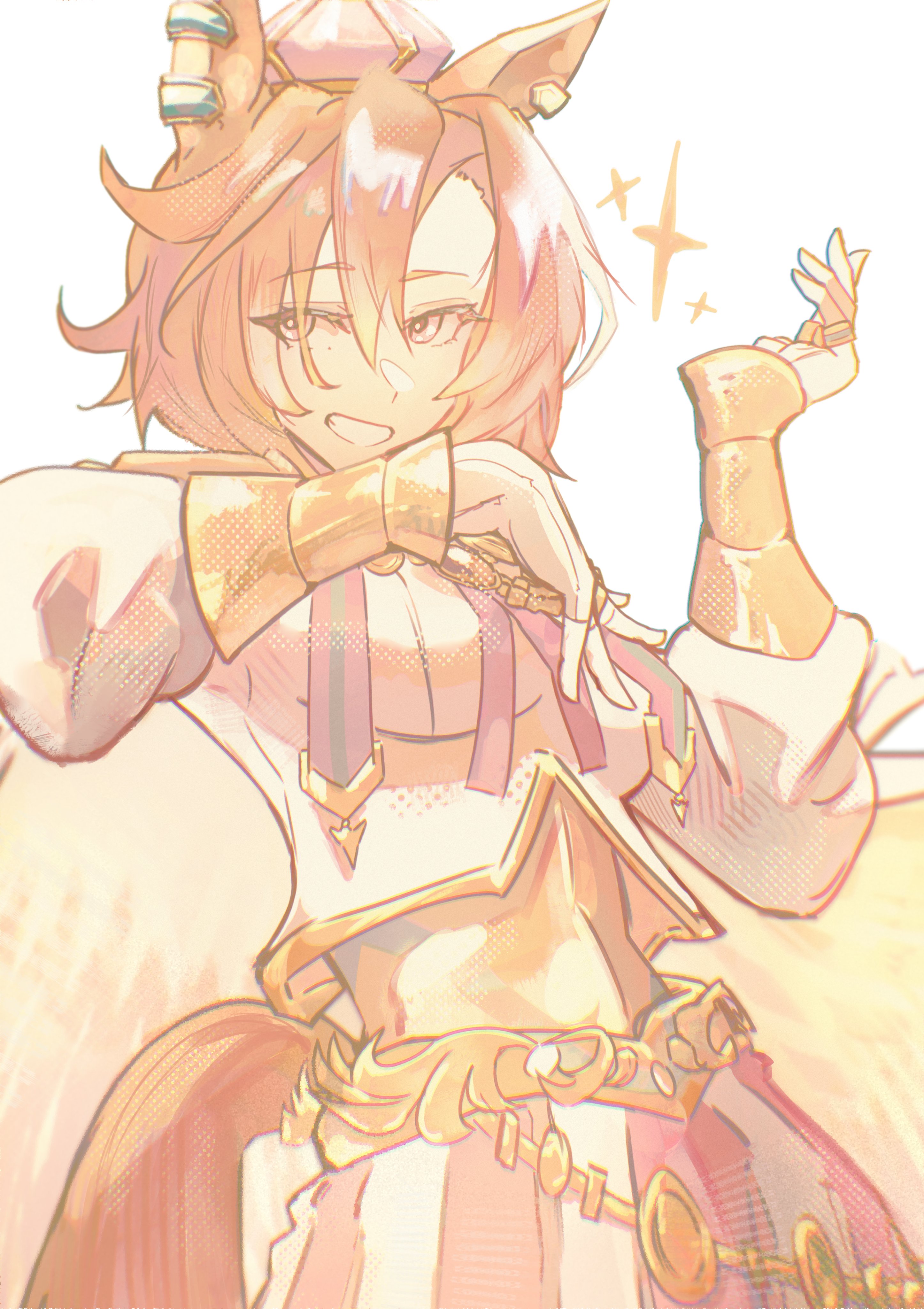 peemy, t.m. opera o (o sole suo!) (umamusume), t.m. opera o (umamusume), umamusume, absurdres, highres, 1girl, animal ears, armor, breasts, cape, crown, ear ornament, gold armor, hair between eyes, horse ears, horse girl, horse tail, jewelry, long sleeves, looking at viewer, medium breasts, mini crown, multiple rings, open mouth, orange hair, pink crown, ring, shirt, short hair, shoulder armor, simple background, skirt, smile, solo, sparkle, tail, two-tone skirt, white background, white shirt