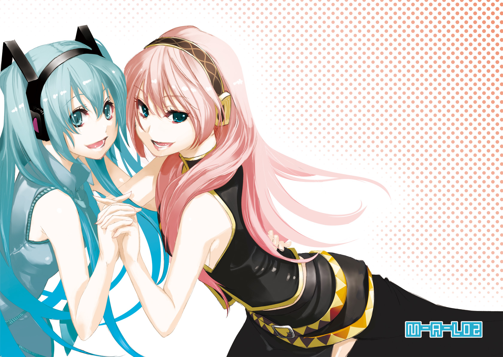 ask02, hatsune miku, megurine luka, vocaloid, highres, 2girls, aqua eyes, aqua hair, headphones, holding hands, long hair, multiple girls, pink hair, skirt, smile, twintails